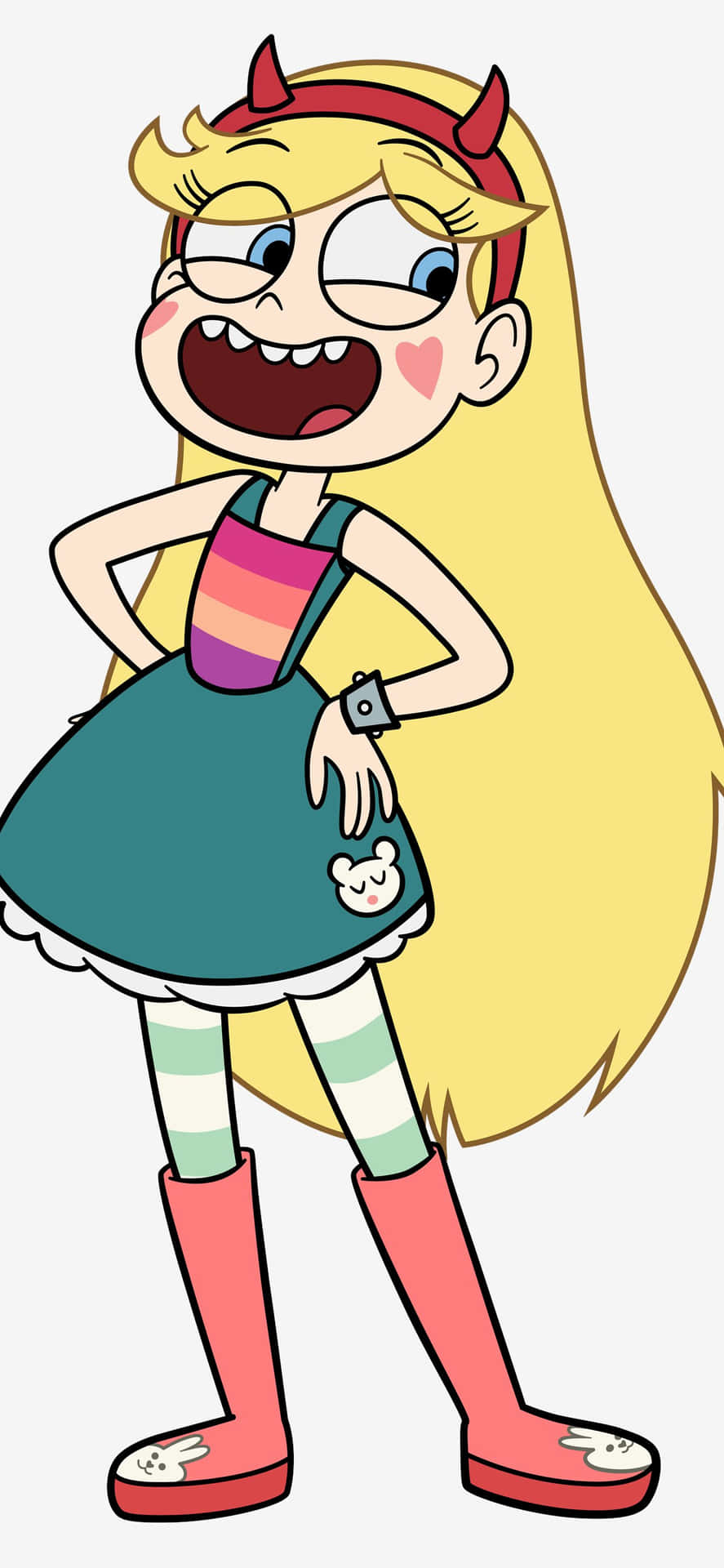 En tegneseriepige med lang lyst hår og en regnbue kjole