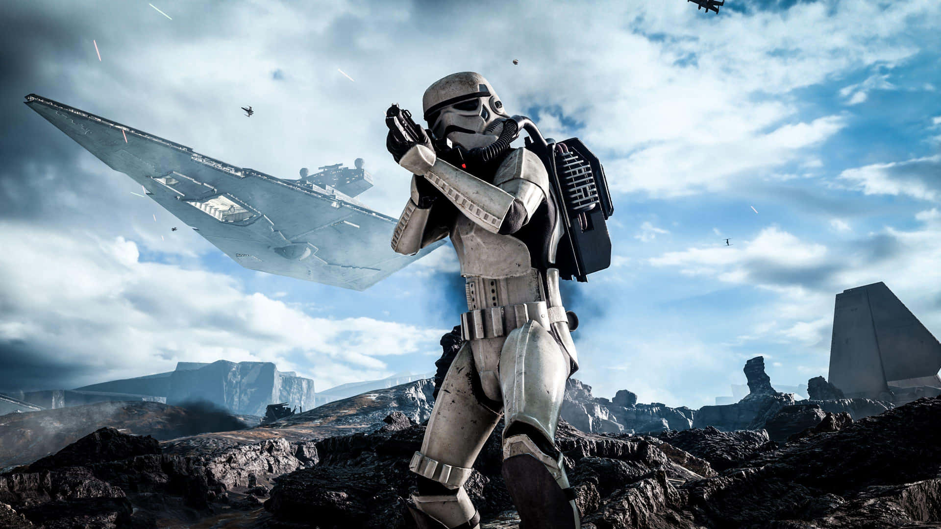 Starwars Stormtrooper Som Håller En Pistol Som Bakgrundsbild.
