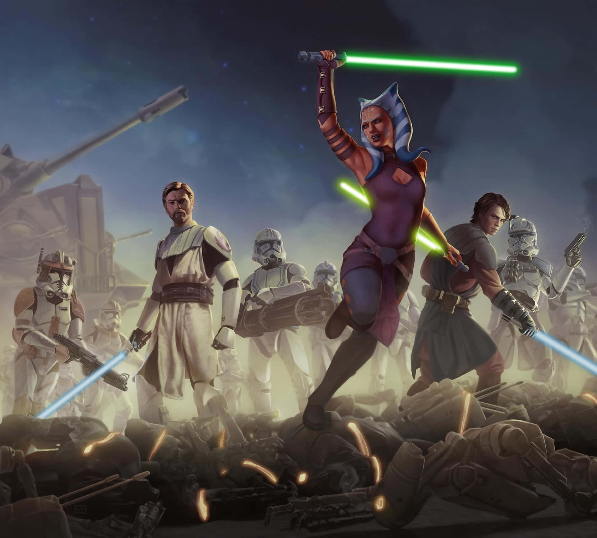 Download Star Wars Clonesand Jedi Battle Art Wallpaper | Wallpapers.com