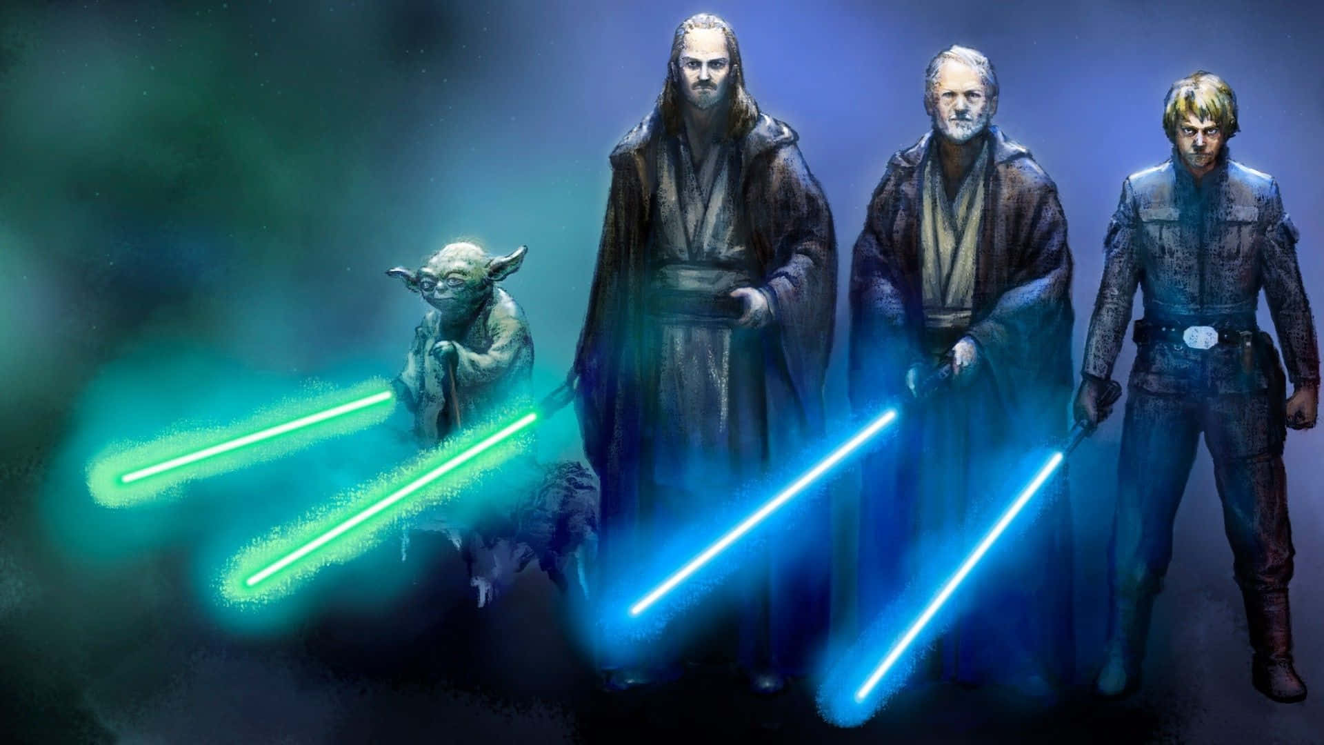 Jedi Knights train amongst a distant star field Wallpaper
