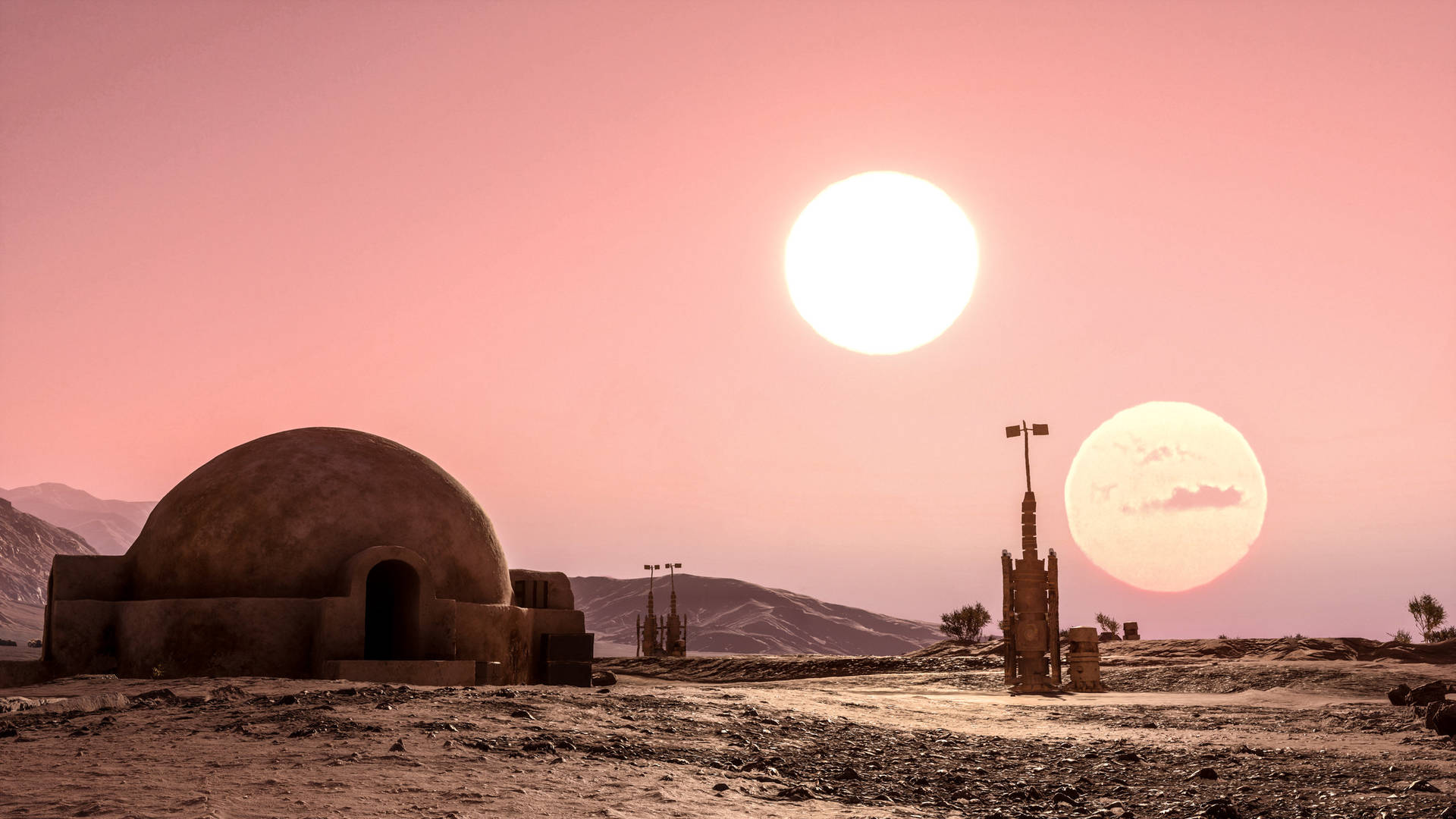 Wunderschönerbinärer Sonnenuntergang In Der Star Wars Landschaft. Wallpaper