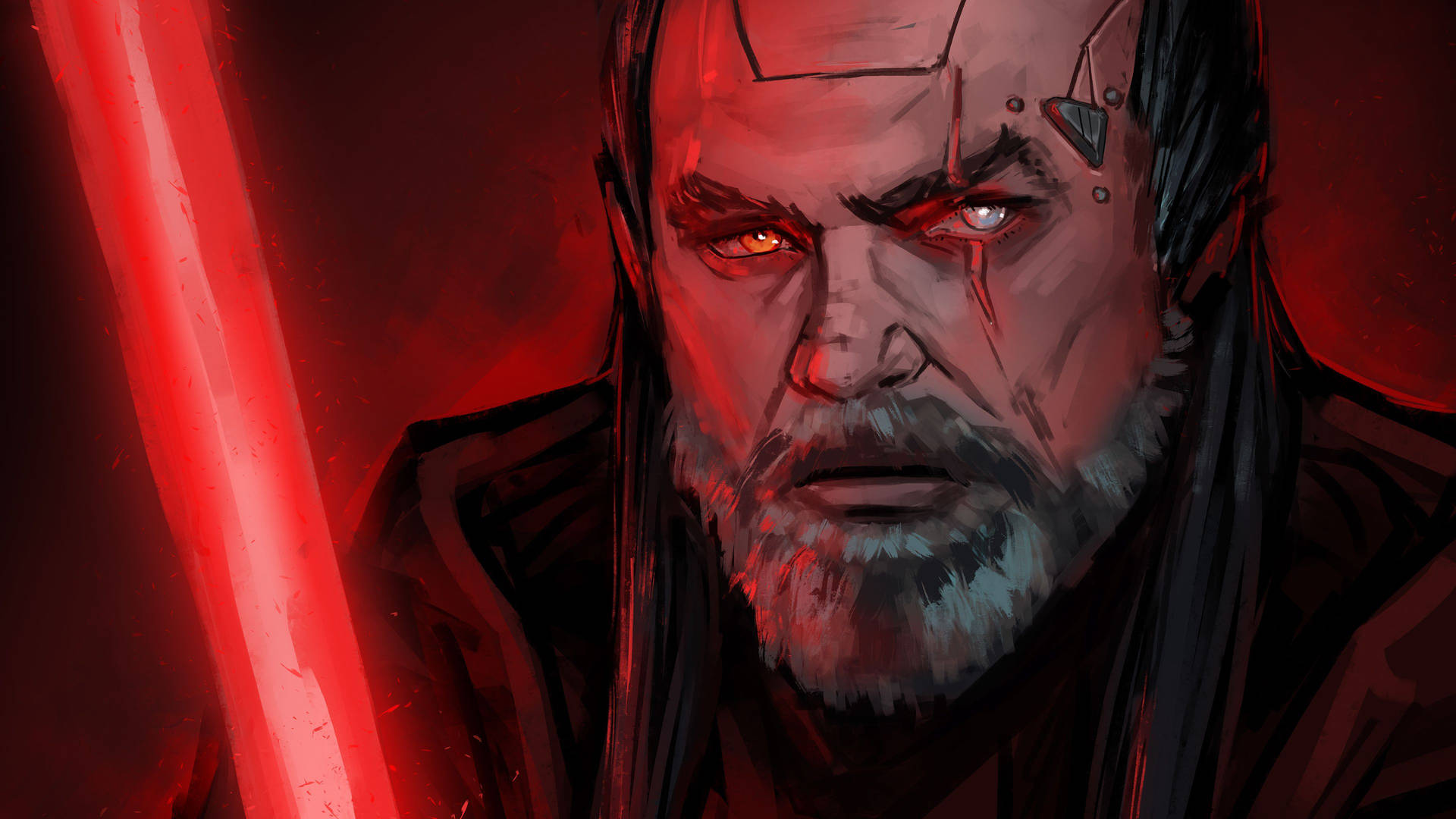 A Drawing Of A Star Wars Character With Red Lights Wallpaper