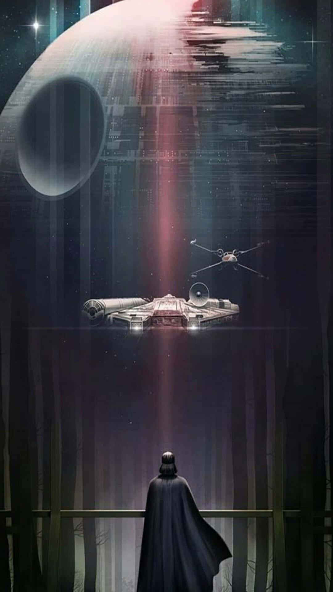 A Darth Vader Is Standing In Front Of A Star Wars Poster Wallpaper