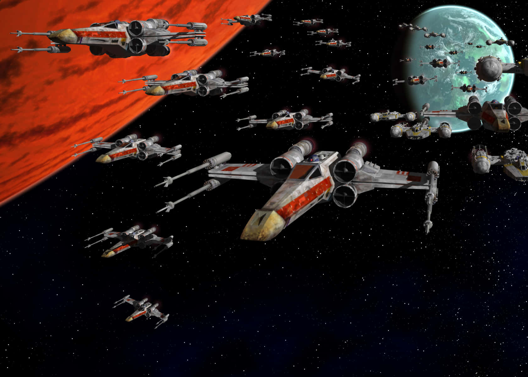 “The iconic X-Wing fighter from Star Wars enters a daring assault.” Wallpaper