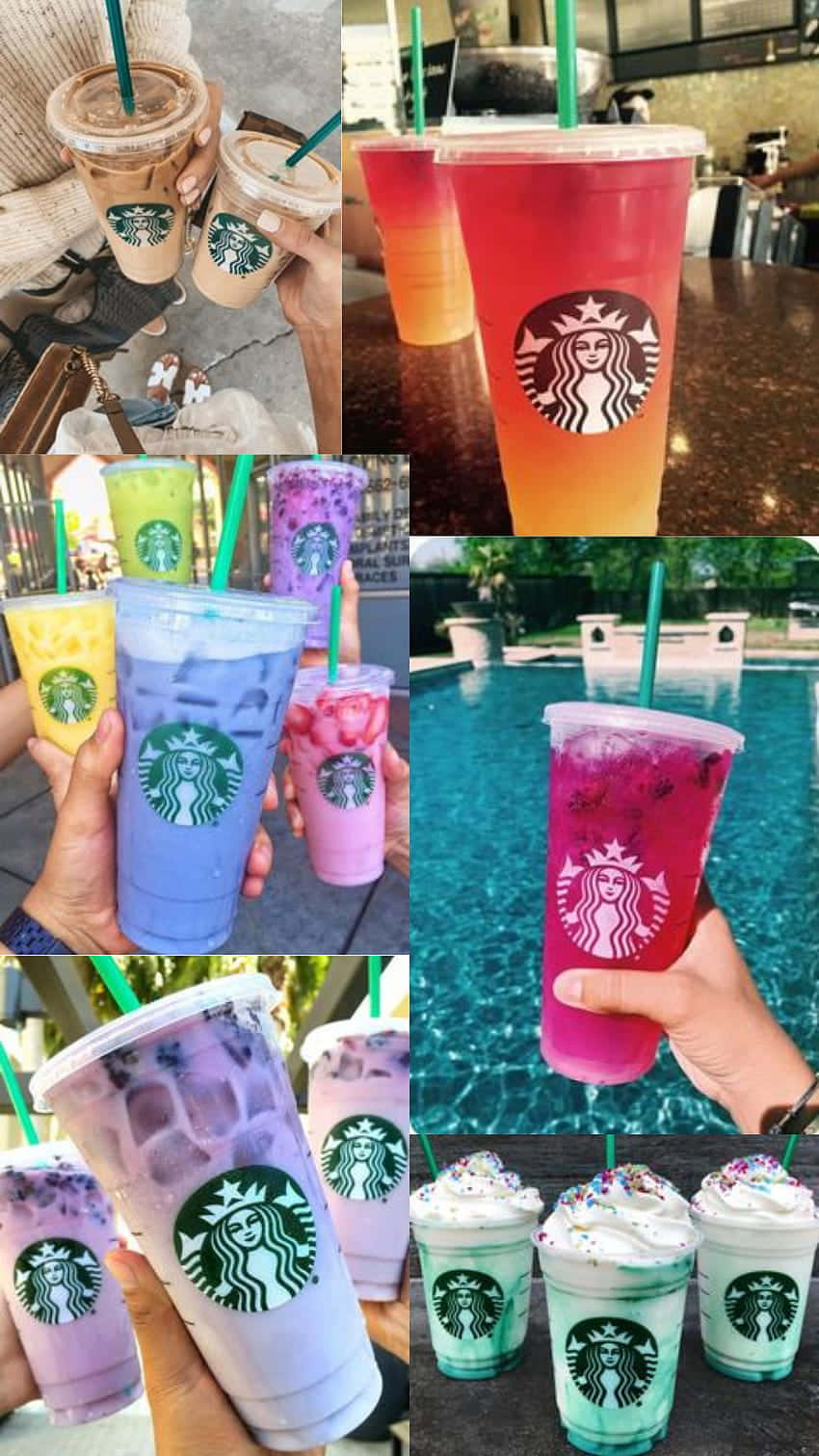Colagemde Produtos De Bebidas Congeladas Da Starbucks. Papel de Parede