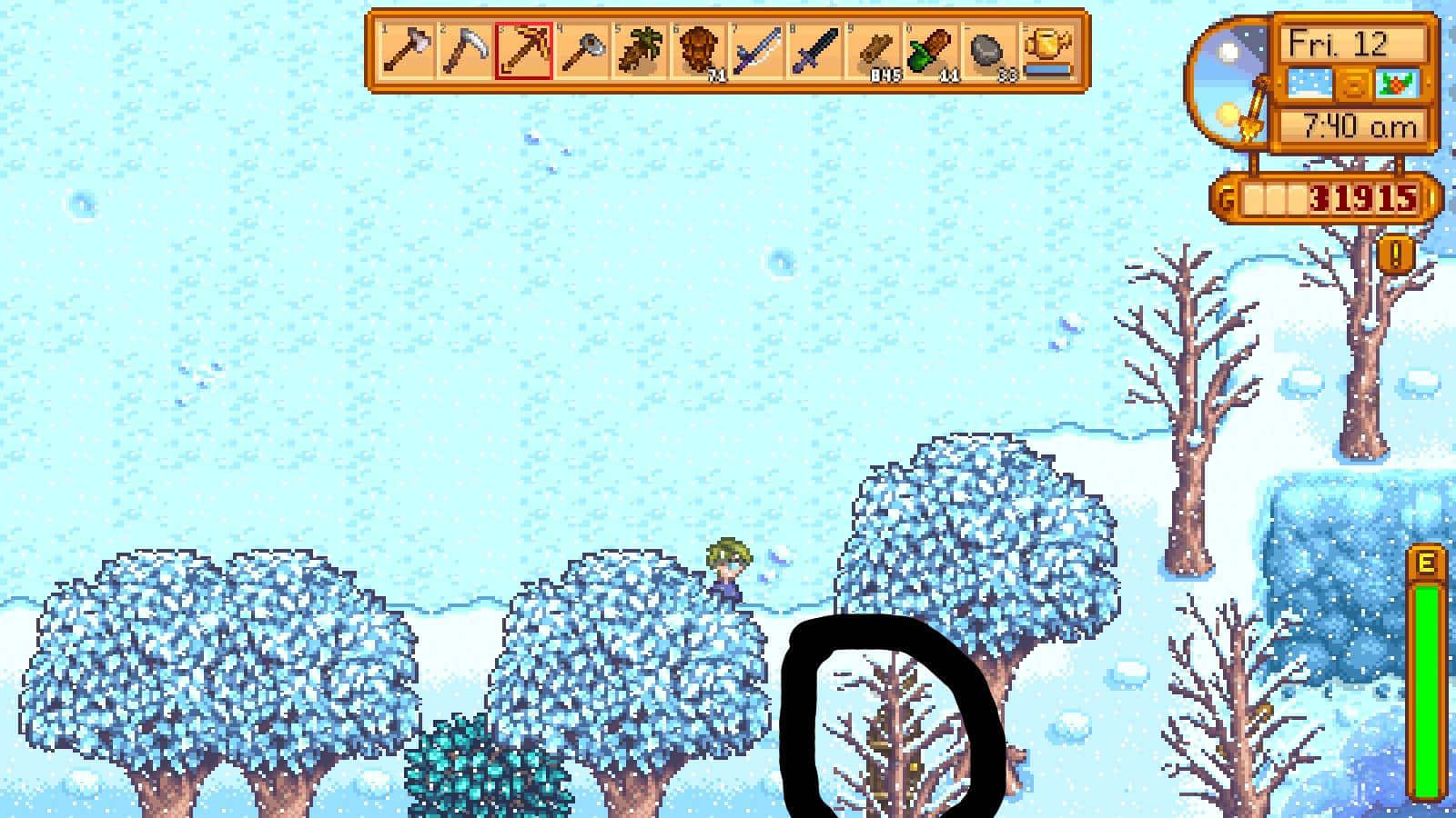 A picture of a horse grazing in the fields of Stardew Valley