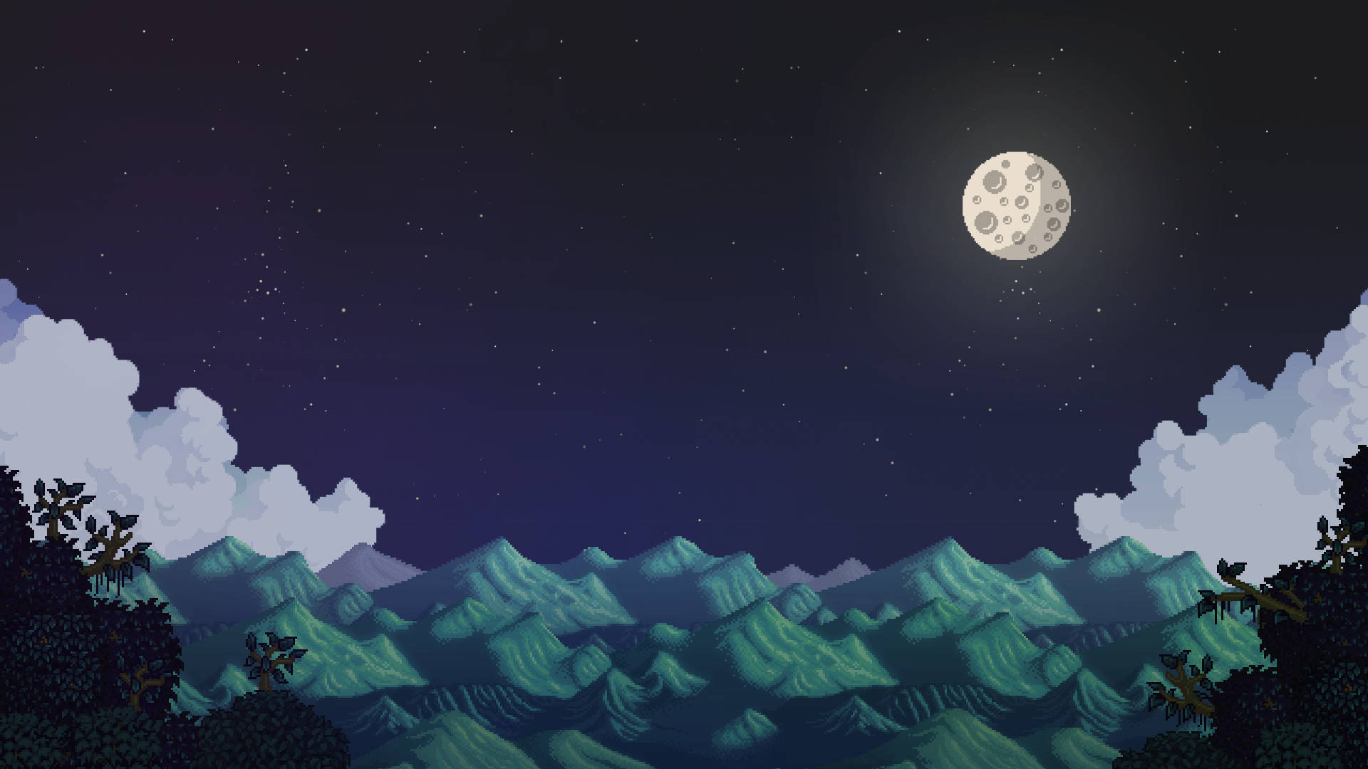 A bright full moon lighting up the night sky over a Stardew Valley farm Wallpaper