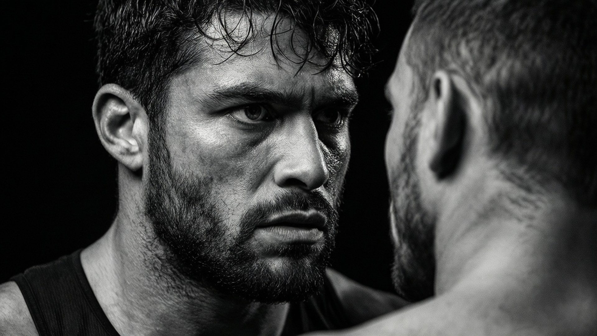 Dramatic black and white staredown of UFC fighter Gilbert Melendez.