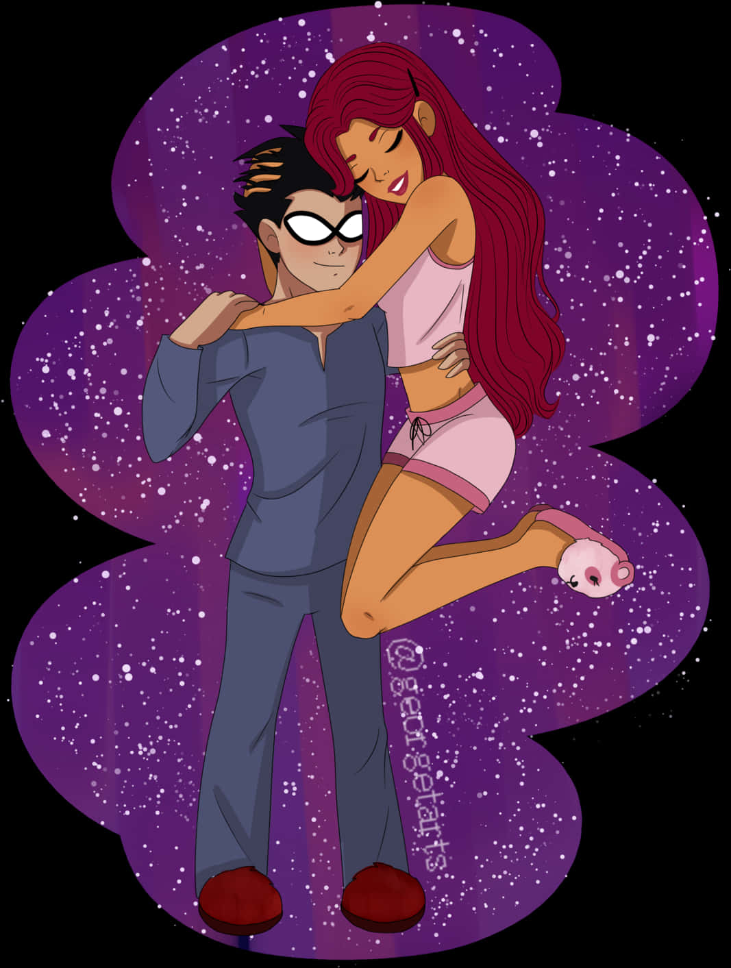 Download Starfireand Robin Cosmic Embrace | Wallpapers.com