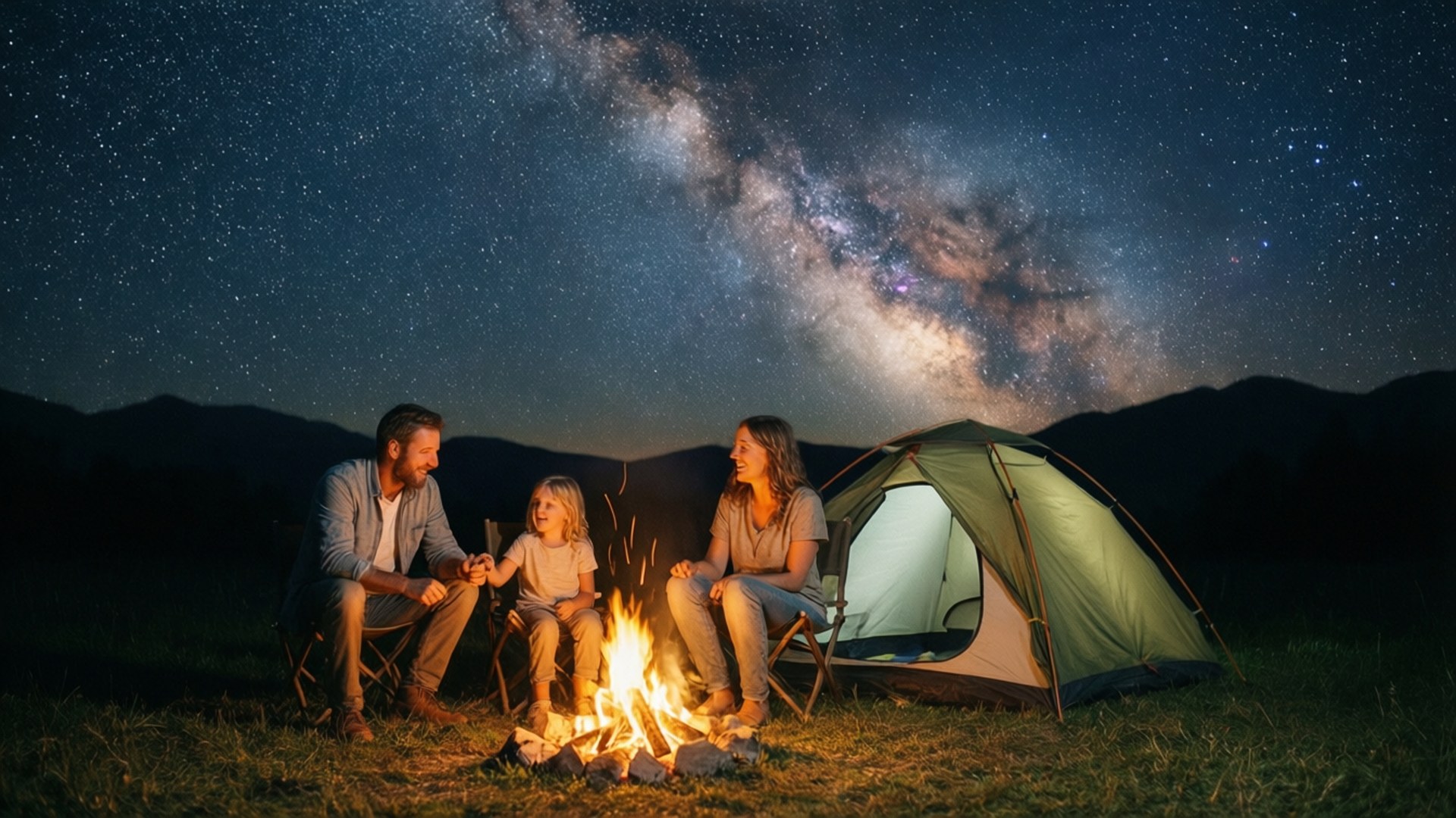 A family camping in a tent under a star-filled sky with the Milky Way visible, campfire glowing softly.