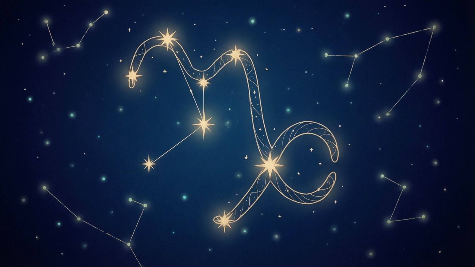 A golden ram constellation formed by bright stars on a dark blue starry sky — Capricorn Picture