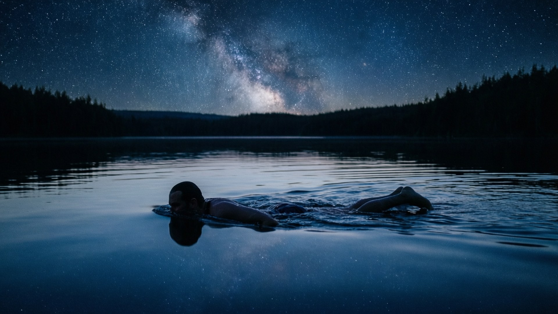 Floating on a starry lake, serene night swim