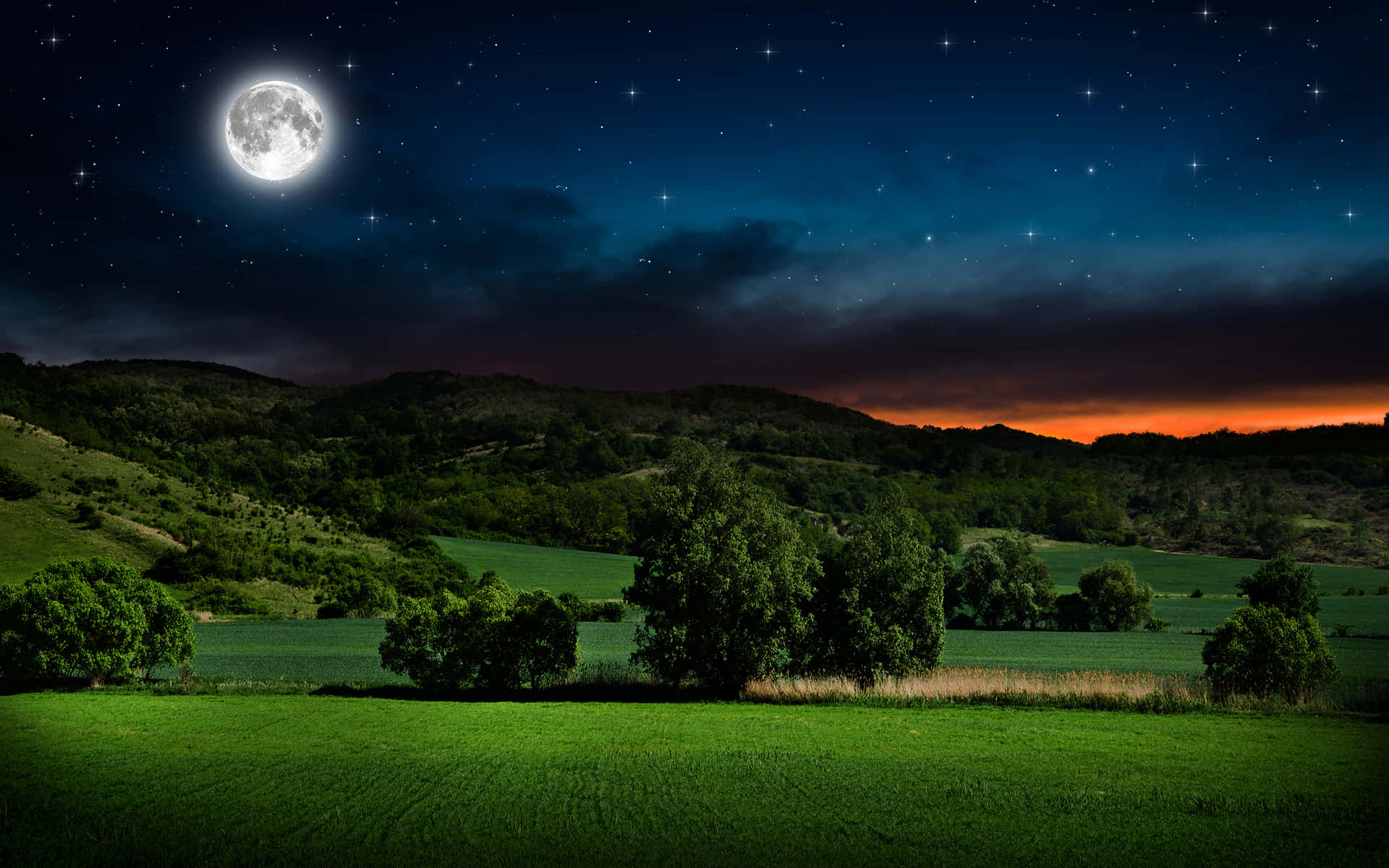 Starry Moonlit Night Over Rolling Hills.jpg Wallpaper