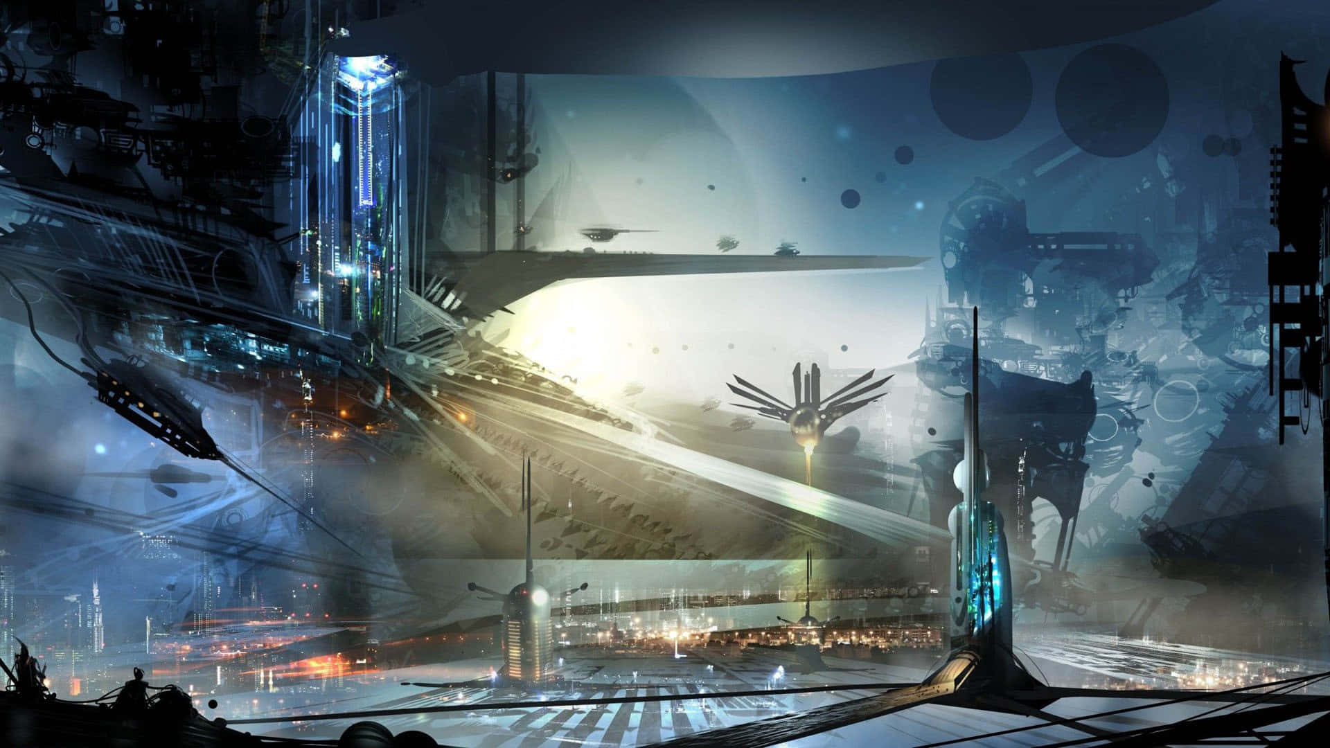 "starry Night Above Futuristic Cityscape" Wallpaper