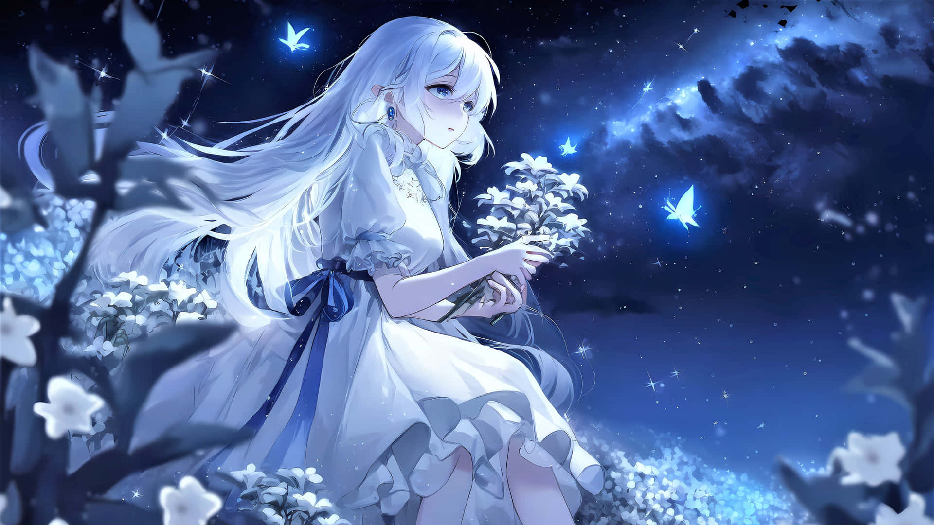 Starry Night Anime Girlwith Flowers Wallpaper