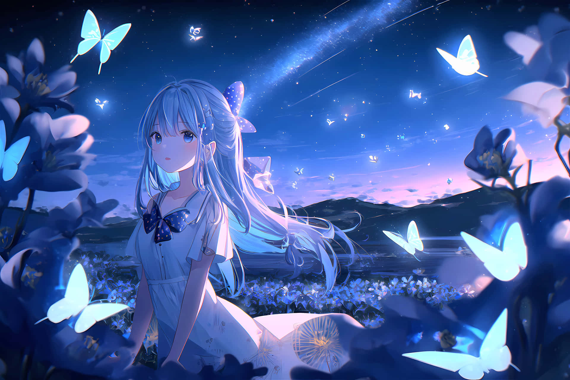 Starry Night Butterfly Girl Anime Wallpaper