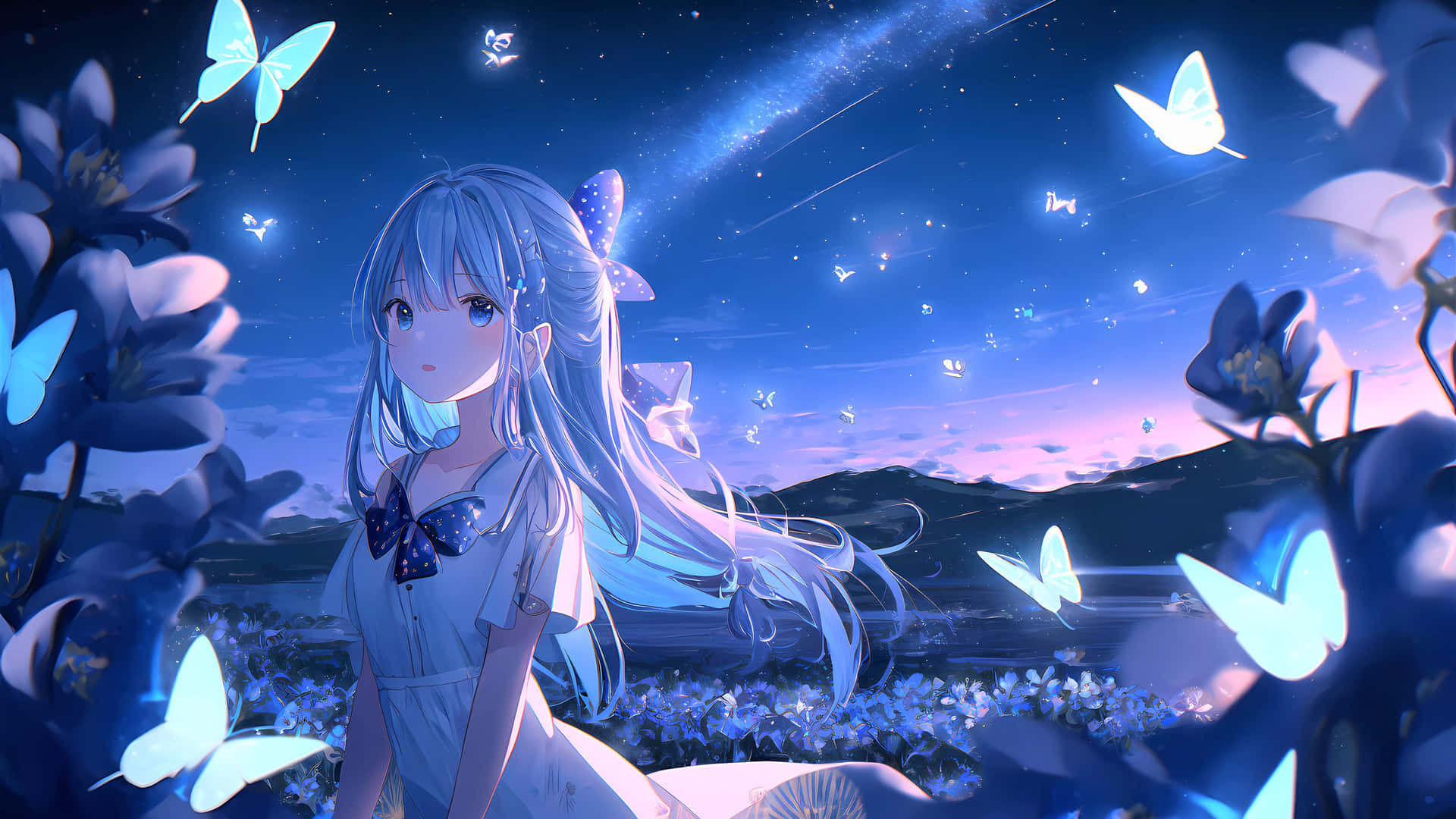 Starry Night Butterfly Girl Anime Wallpaper