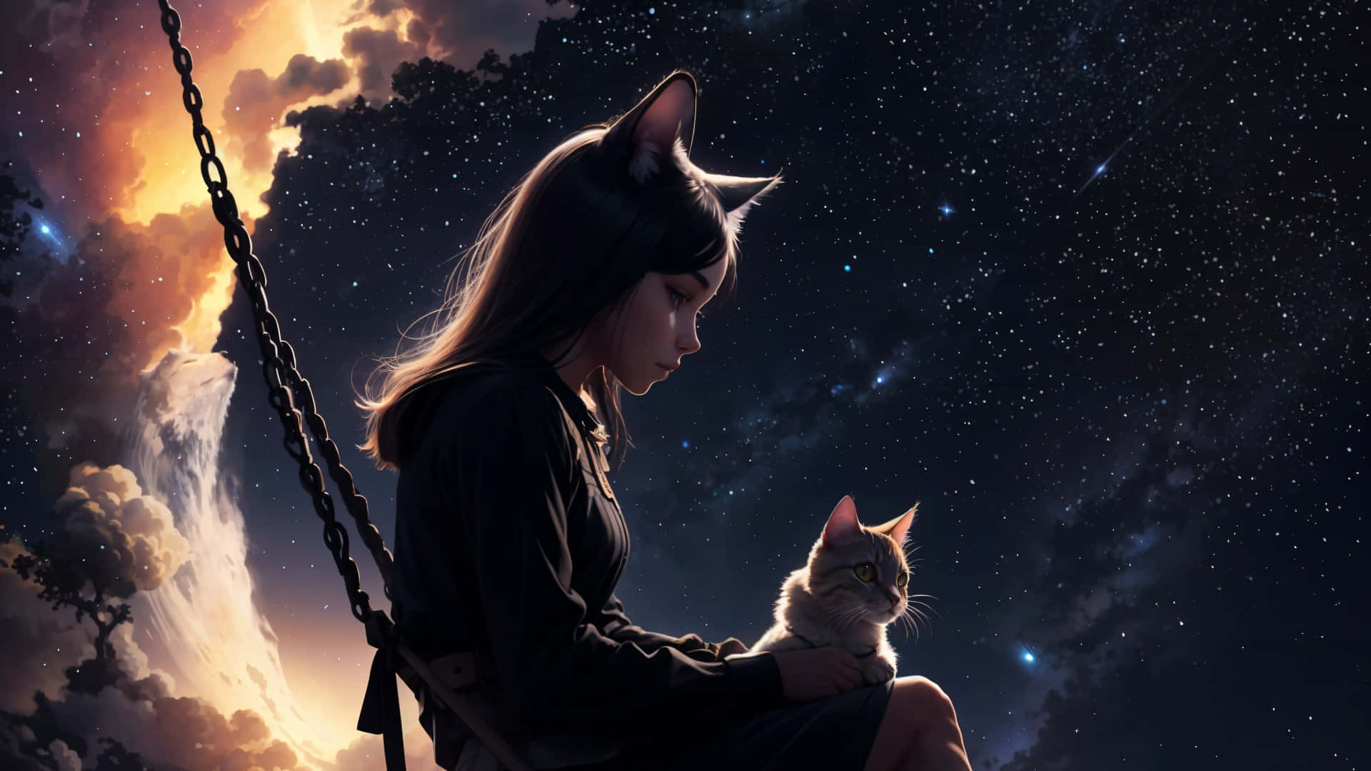 Starry_ Night_ Cat_ Ears_ Girl_and_ Cat.jpg Wallpaper