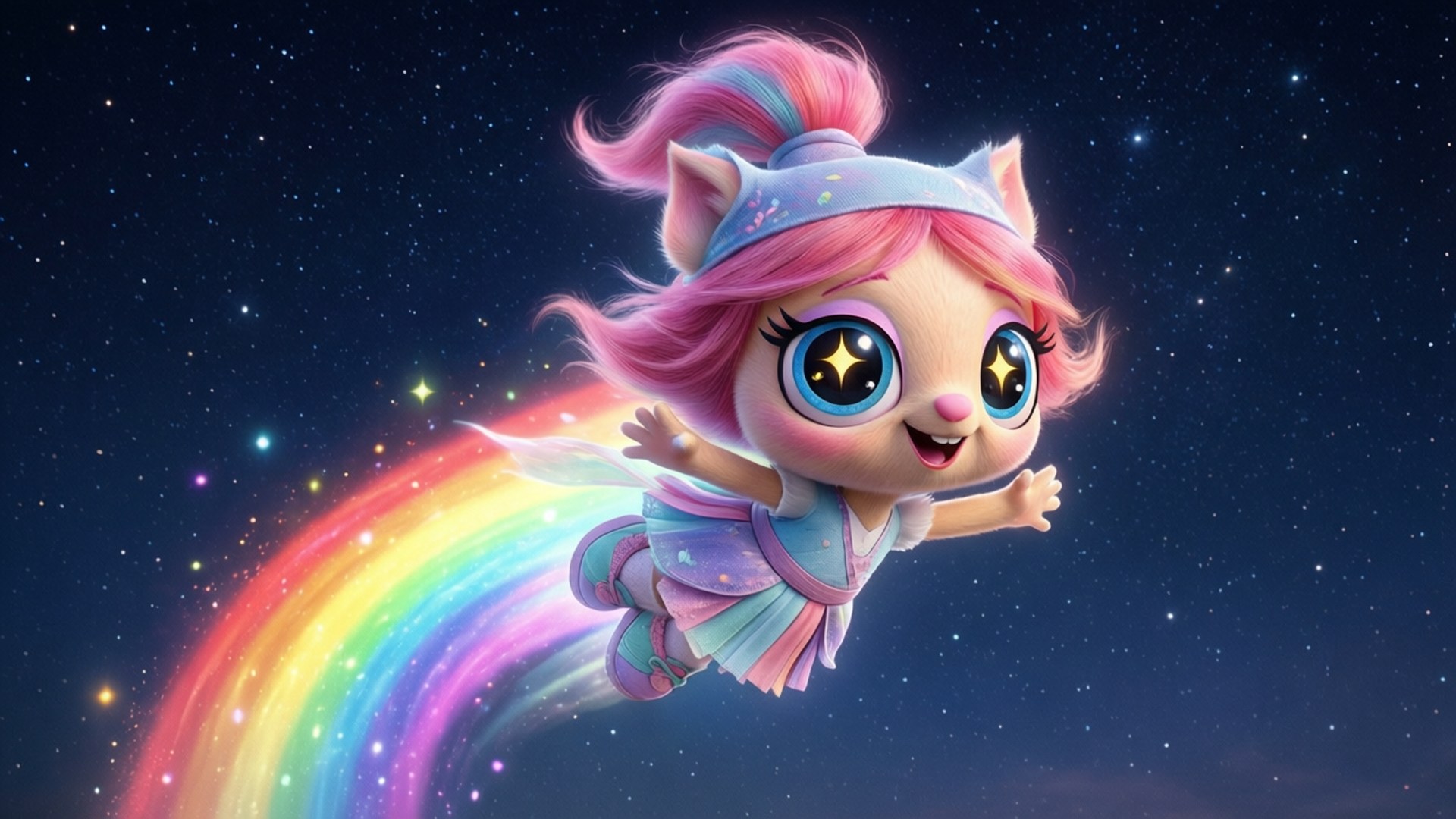 Unikitty soaring through a magical starry sky with a rainbow trail.