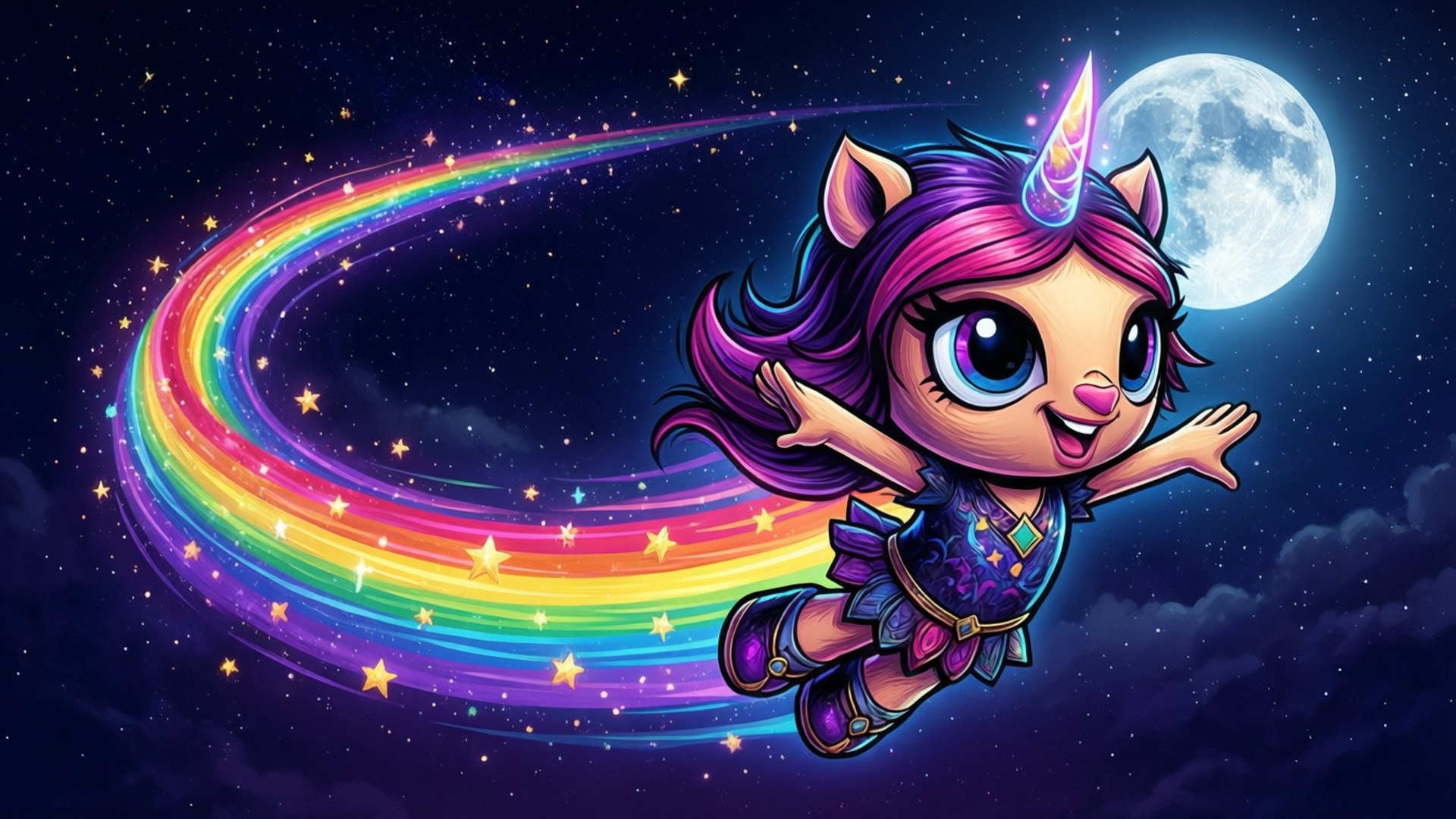 Unikitty flies through a starry sky with a rainbow trail.