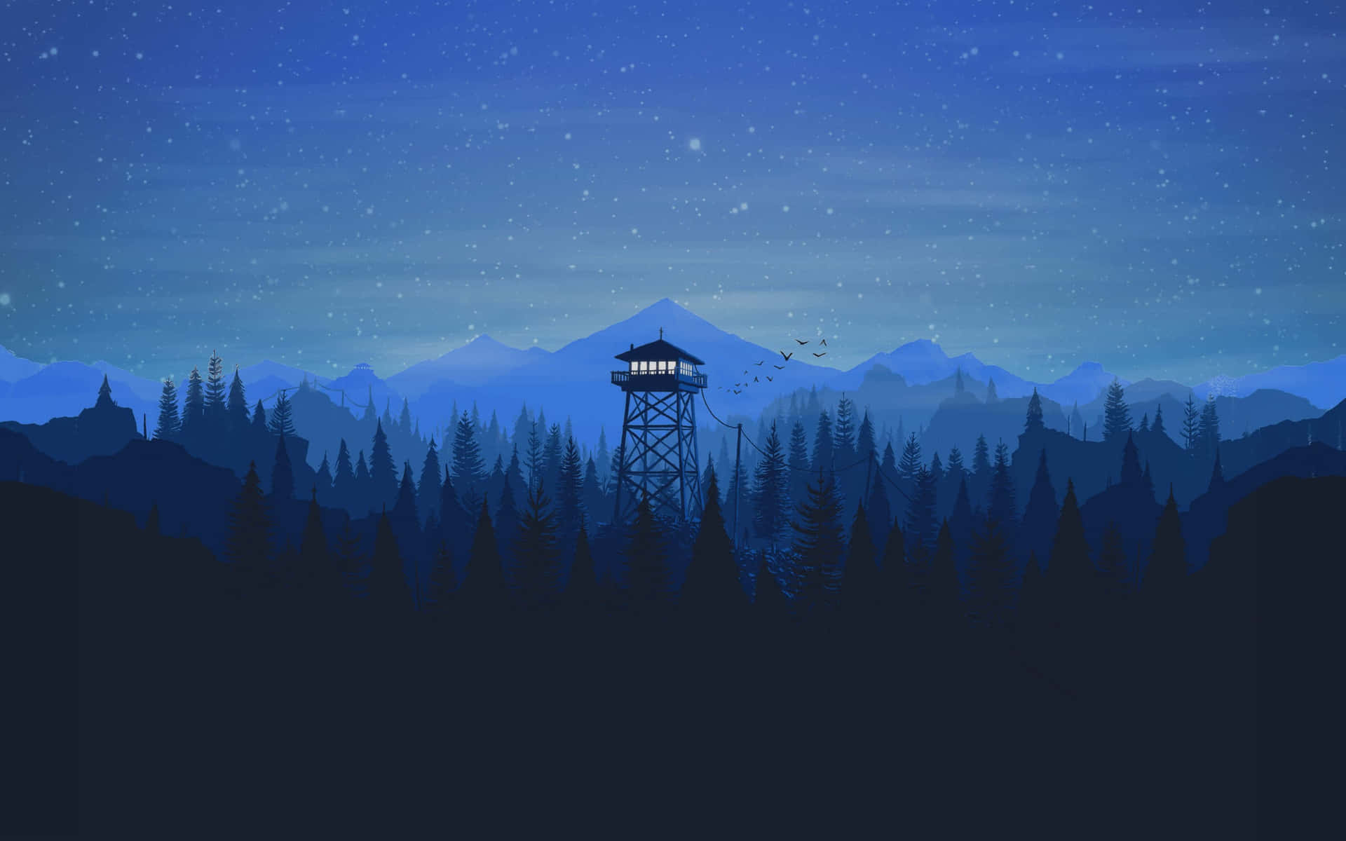 Starry Night Forest Watchtower Wallpaper