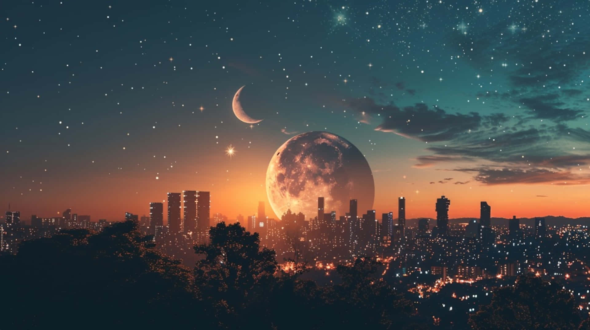 Starry_ Night_ Over_ City_with_ Moonset Wallpaper