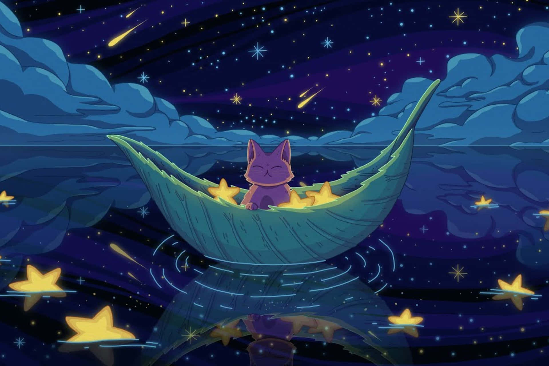 Starry Night Purple Cat Boat Wallpaper