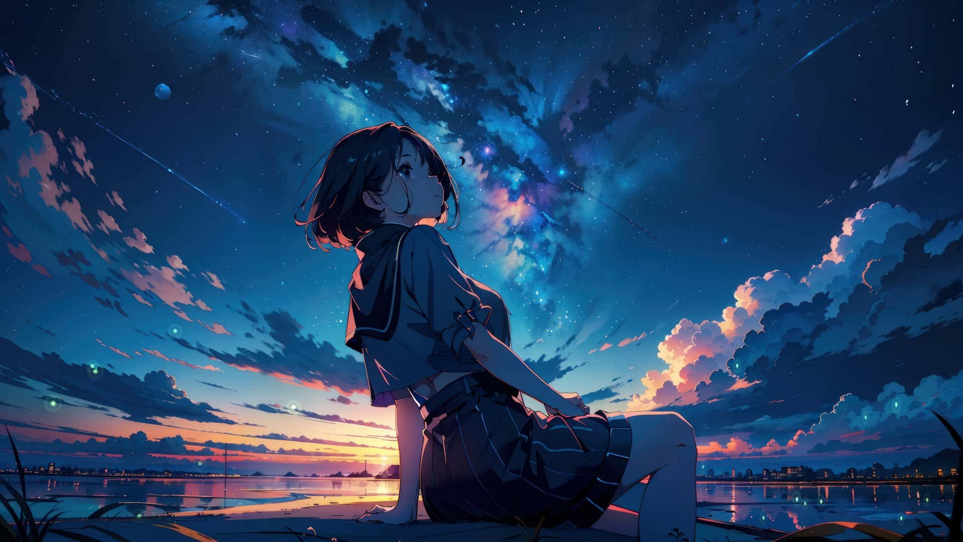 Starry Night Schoolgirl Relaxation Wallpaper