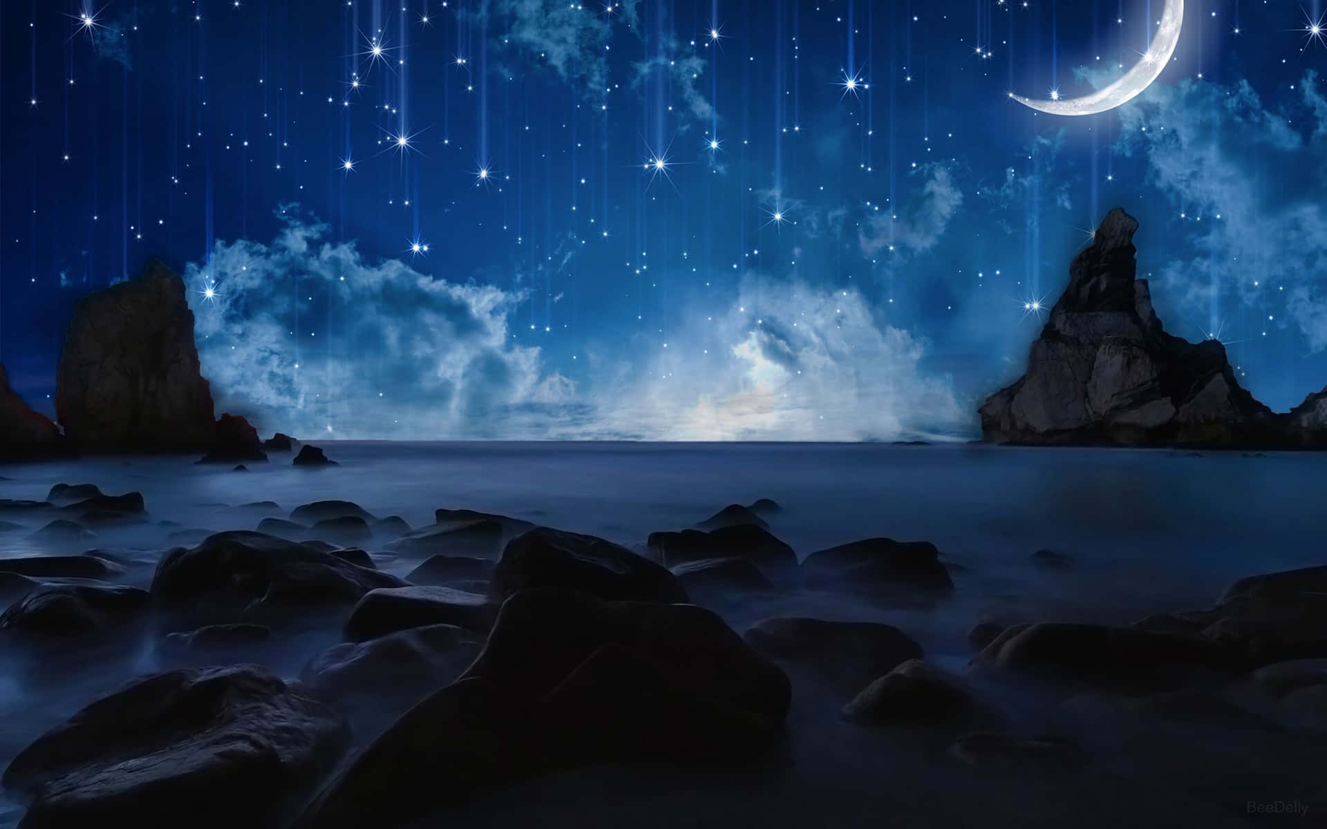 Starry_ Night_ Sea_with_ Crescent_ Moon Wallpaper