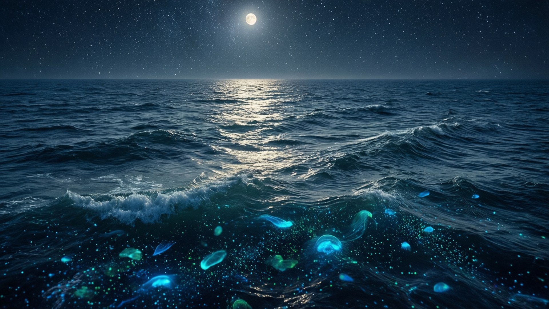 Moonlit ocean with glowing jellyfish floating on the surface under a starry sky.
