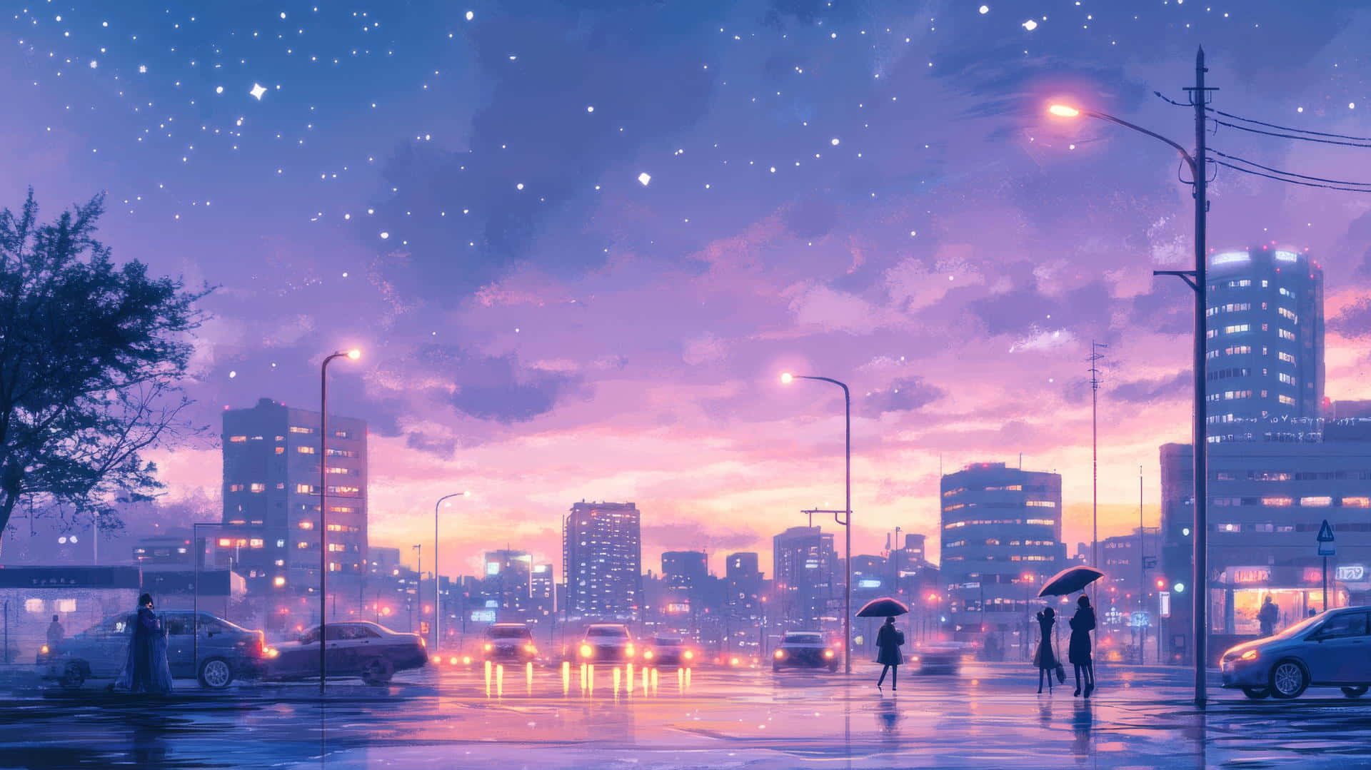 Starry Rainy Night Cityscape Wallpaper