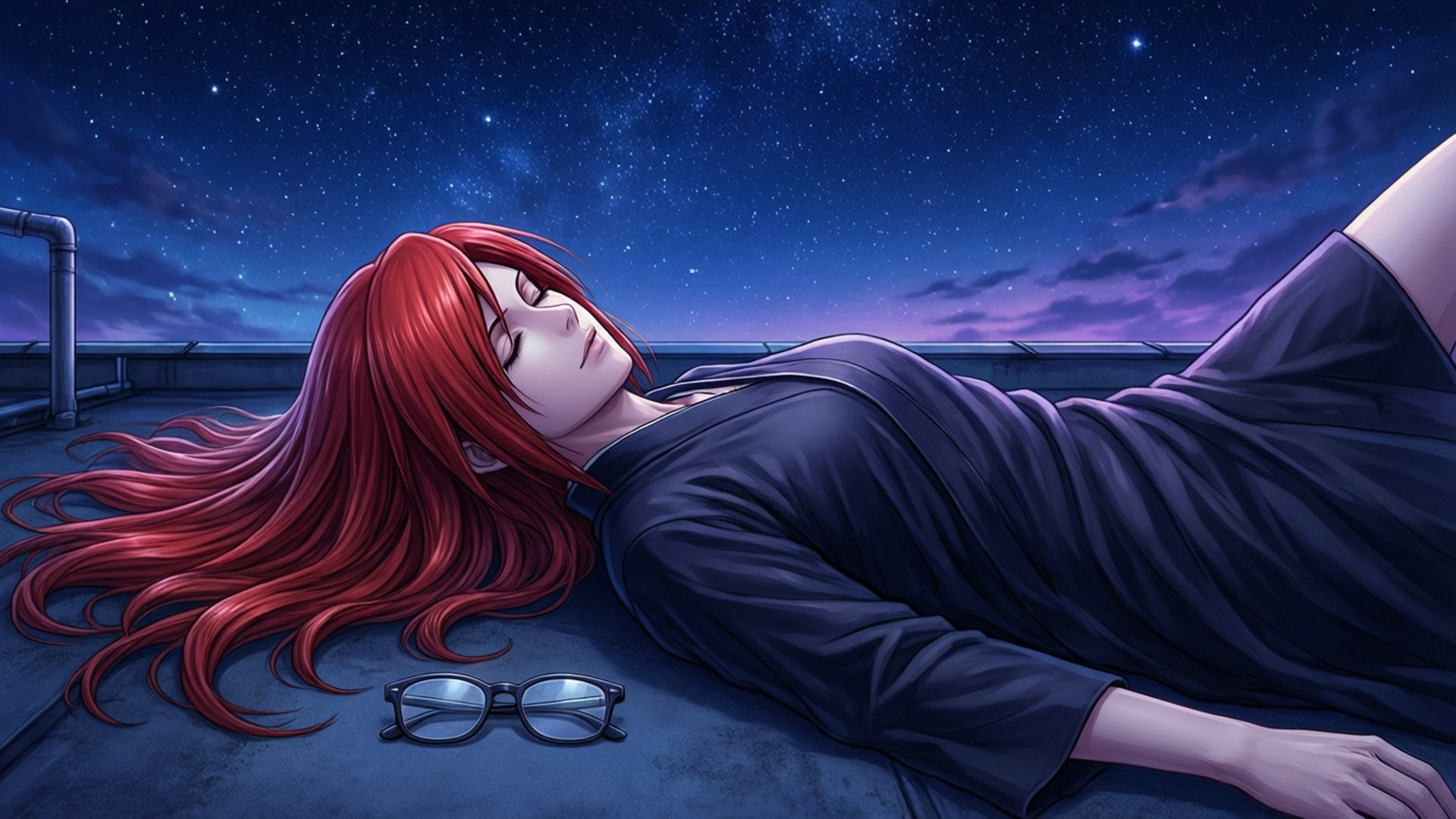 Rødhåret anime-pige sover på tag under stjerneklar nattehimmel med briller i nærheden.