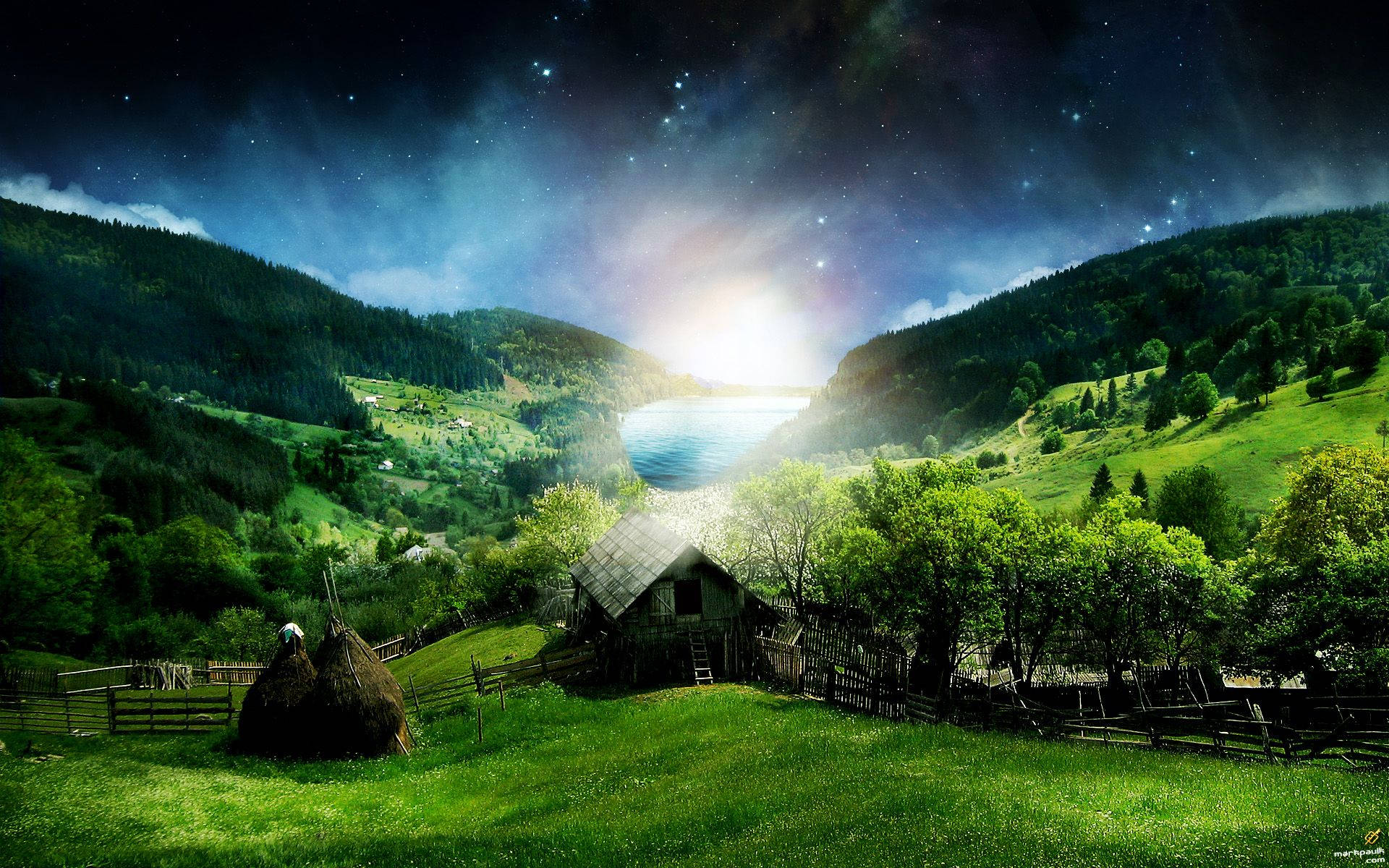 Starry Sky And Green Nature Background