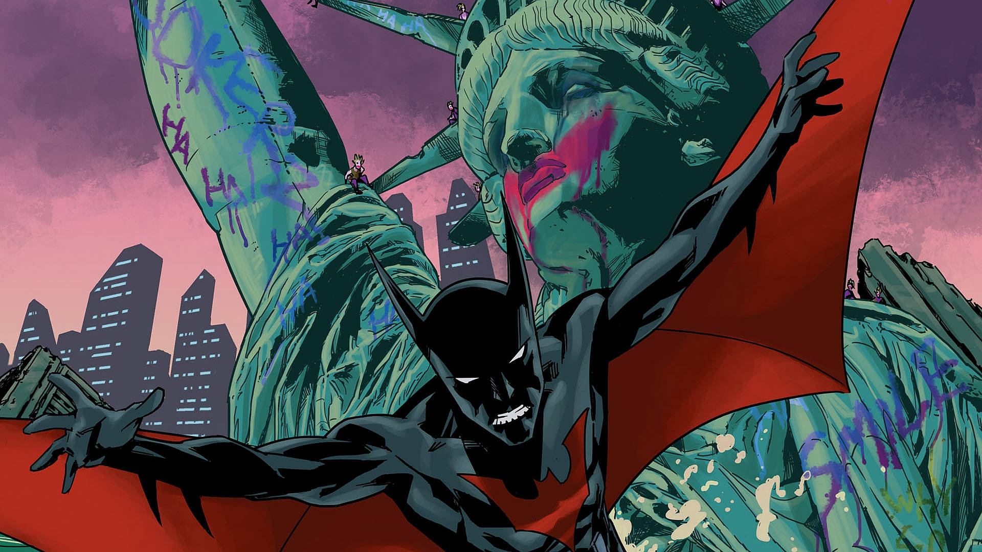 The Statue of Liberty is a beacon of justice as seen through the eyes of Batman Beyond Wallpaper