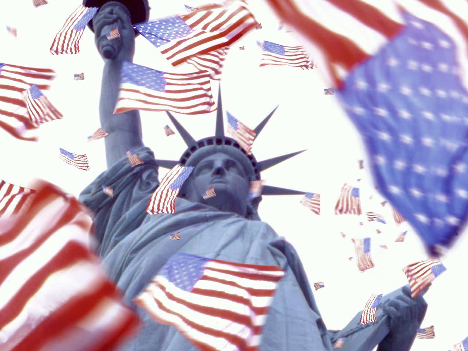 Statue Of Liberty With Flags_ American Patriotism Wallpaper