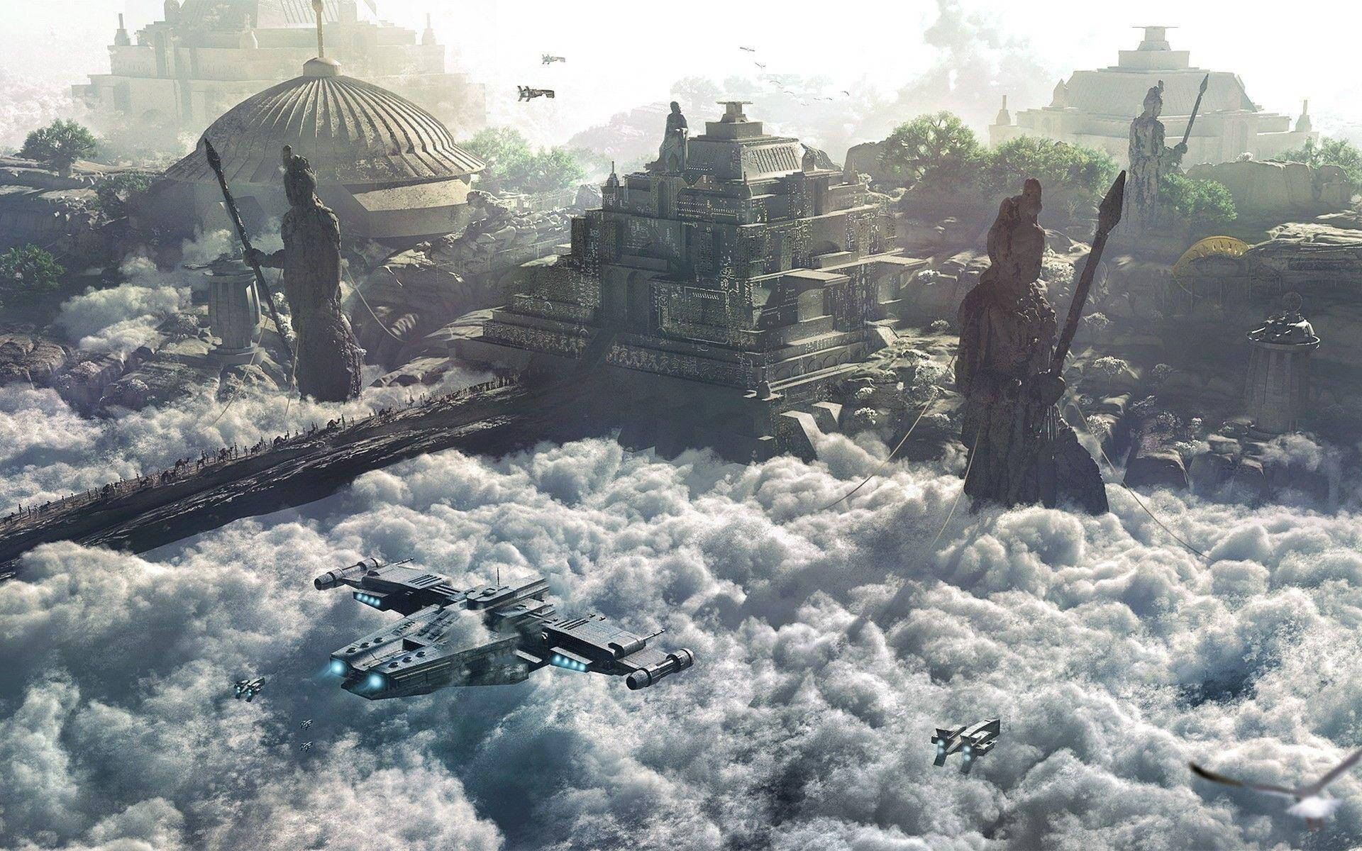 Majestic Statues Hovering in Clouds - A Dramatic Scene from Civilization 5 Wallpaper