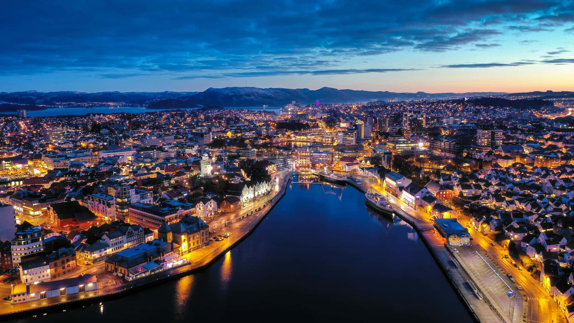 Stavanger Norway Nighttime Cityscape Aerial View Wallpaper