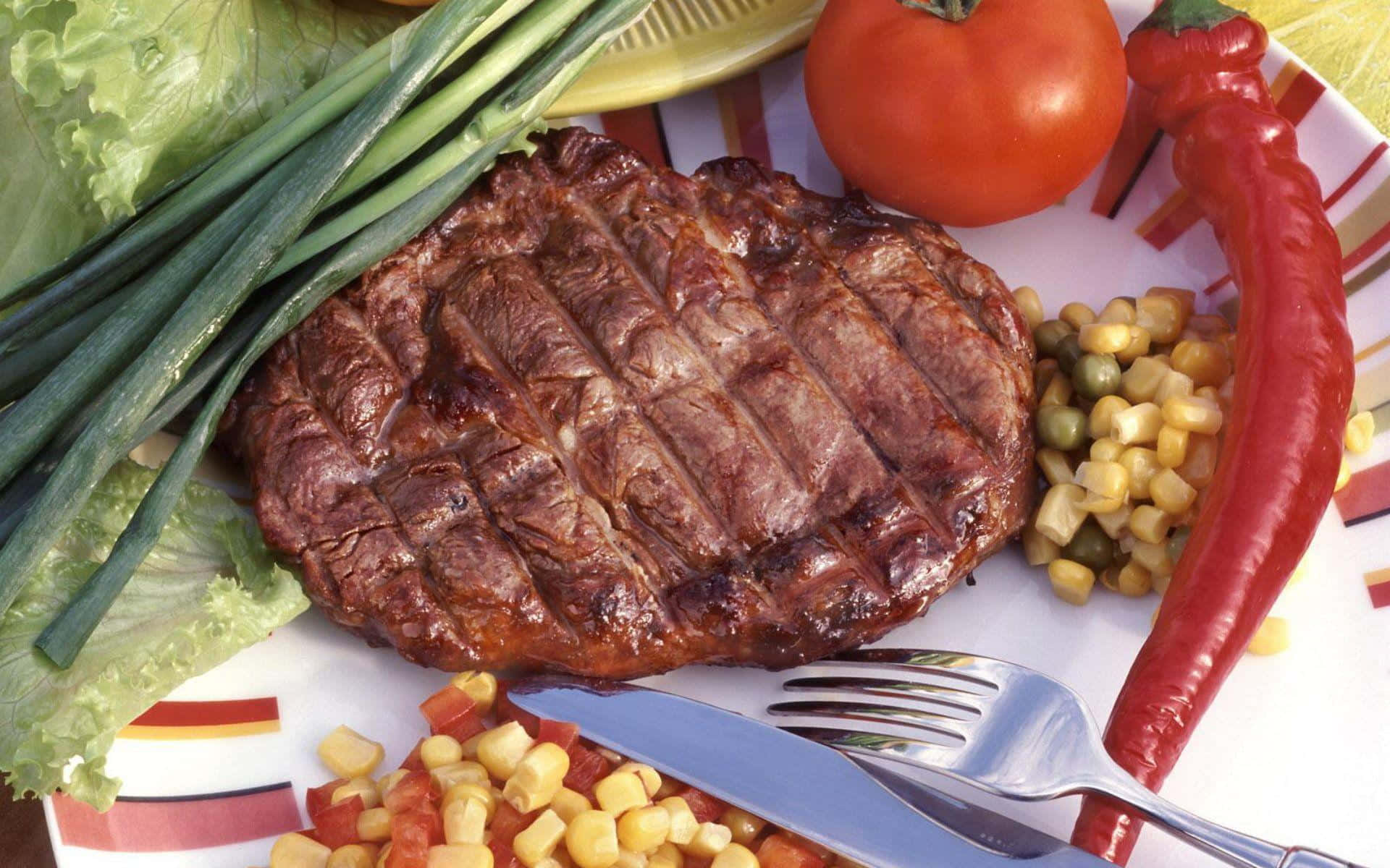 A Plate With Steak, Corn, Tomatoes And Vegetables