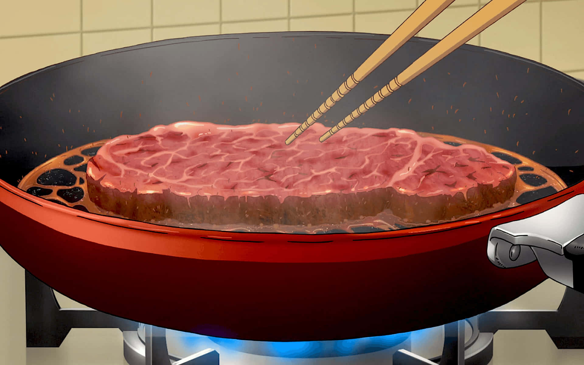 A Steak Is Being Cooked In A Pan With Chopsticks
