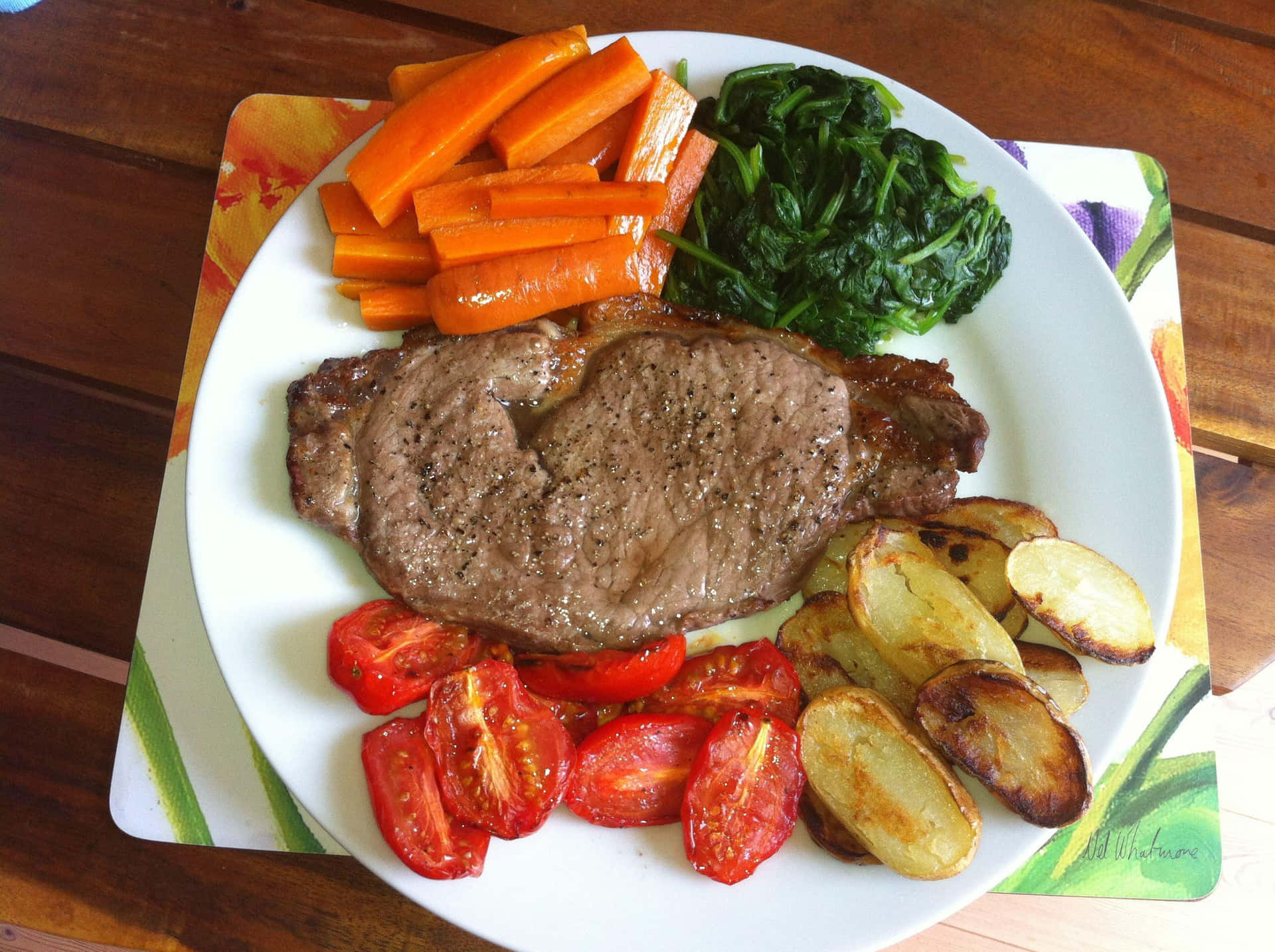 A White Plate With A Steak, Potatoes, And Carrots
