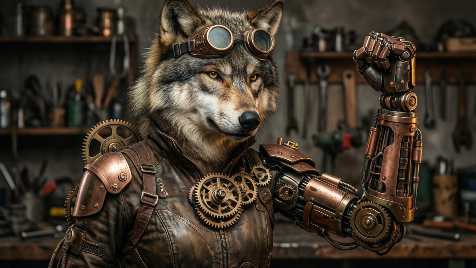 En steampunk ulvepige med en mekanisk arm arbejder i sit værksted.