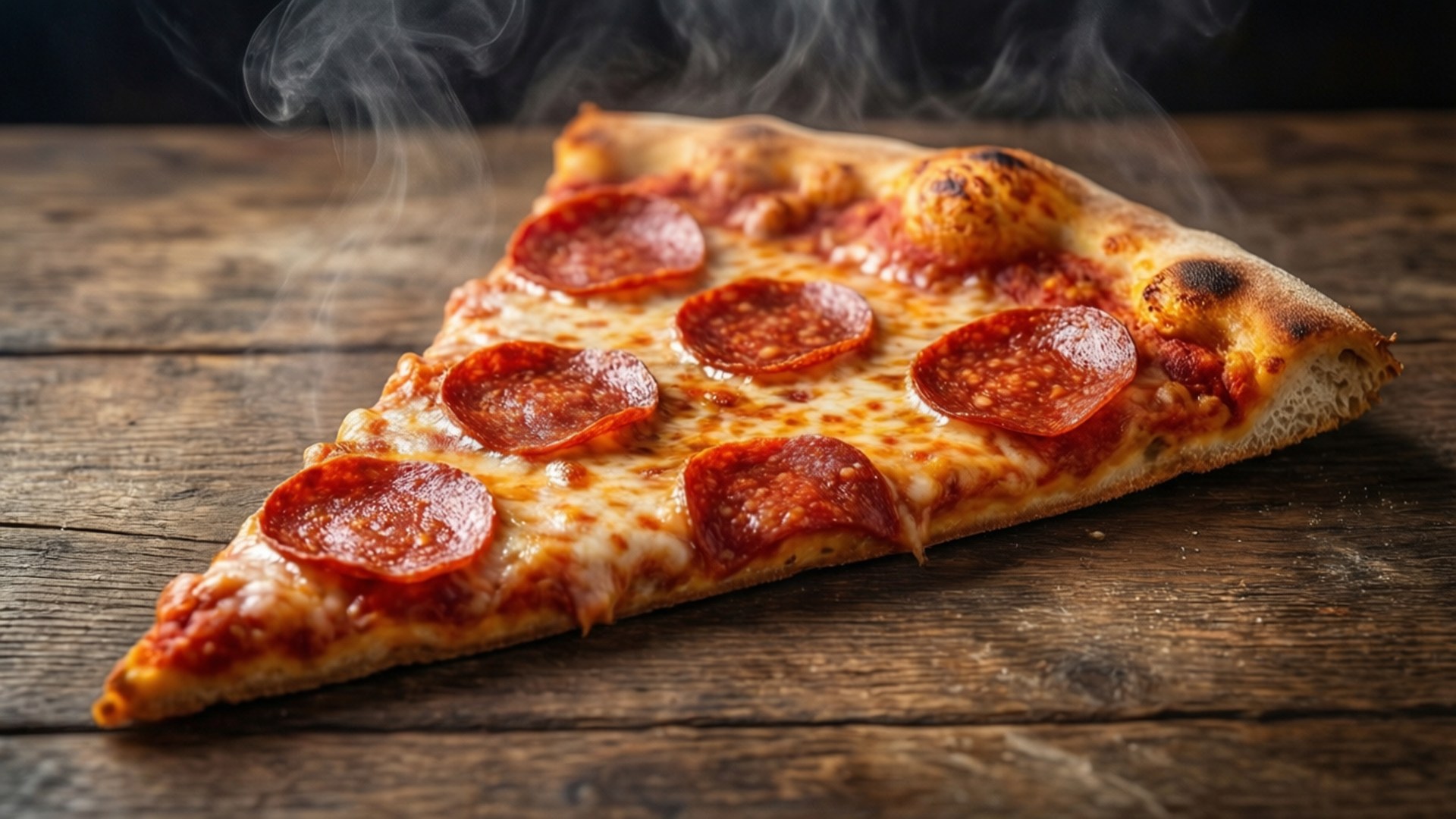 Realistisk pizzastykke på træ med damp