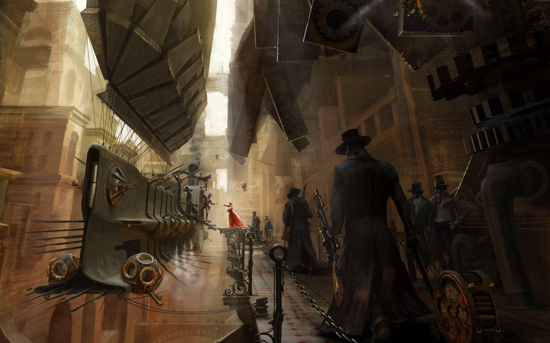 A majestic Steampunk airship docks in port, ready to explore the unknown Wallpaper