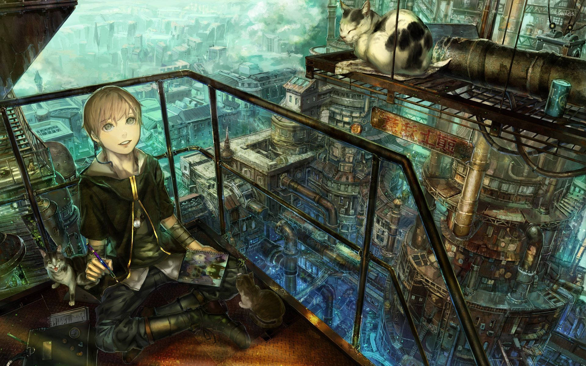 Exploring a Magical Steampunk World with his Cat Companions Wallpaper