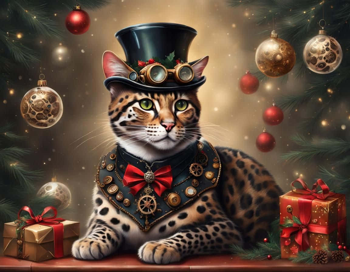 Steampunk Christmas Leopard Cat Wallpaper