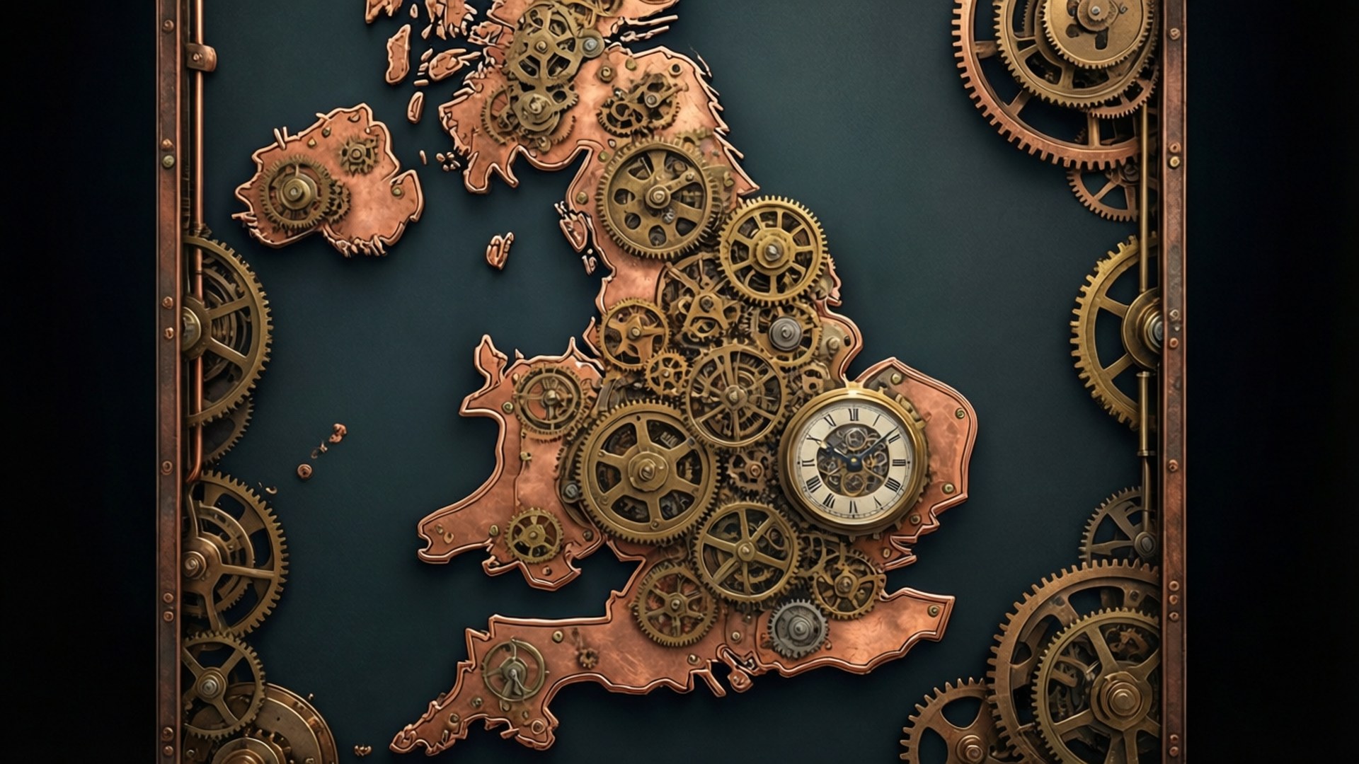 Et steampunk-kart over Storbritannia med tannhjul og messing.