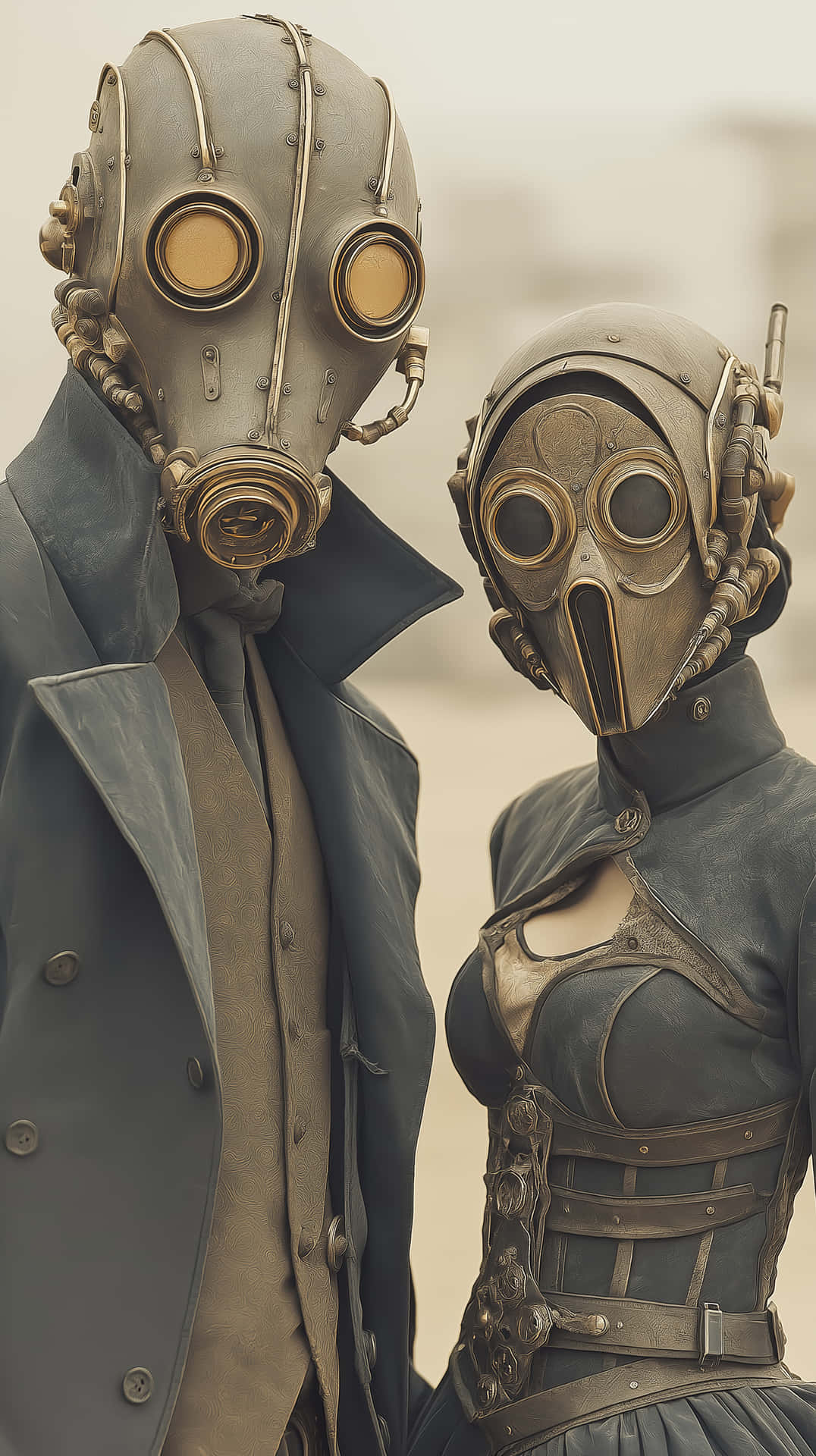 Steampunk Cyber-gothic Couple In Unique Masks And Attire Wallpaper