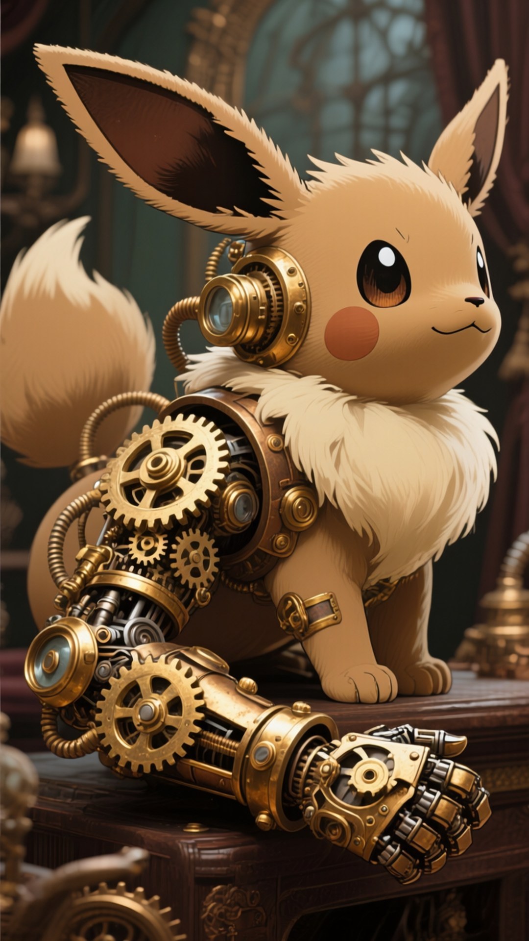 Steampunk Eevee Achtergronden — Een steampunk Eevee met een mechanische arm in een Victoriaanse setting.