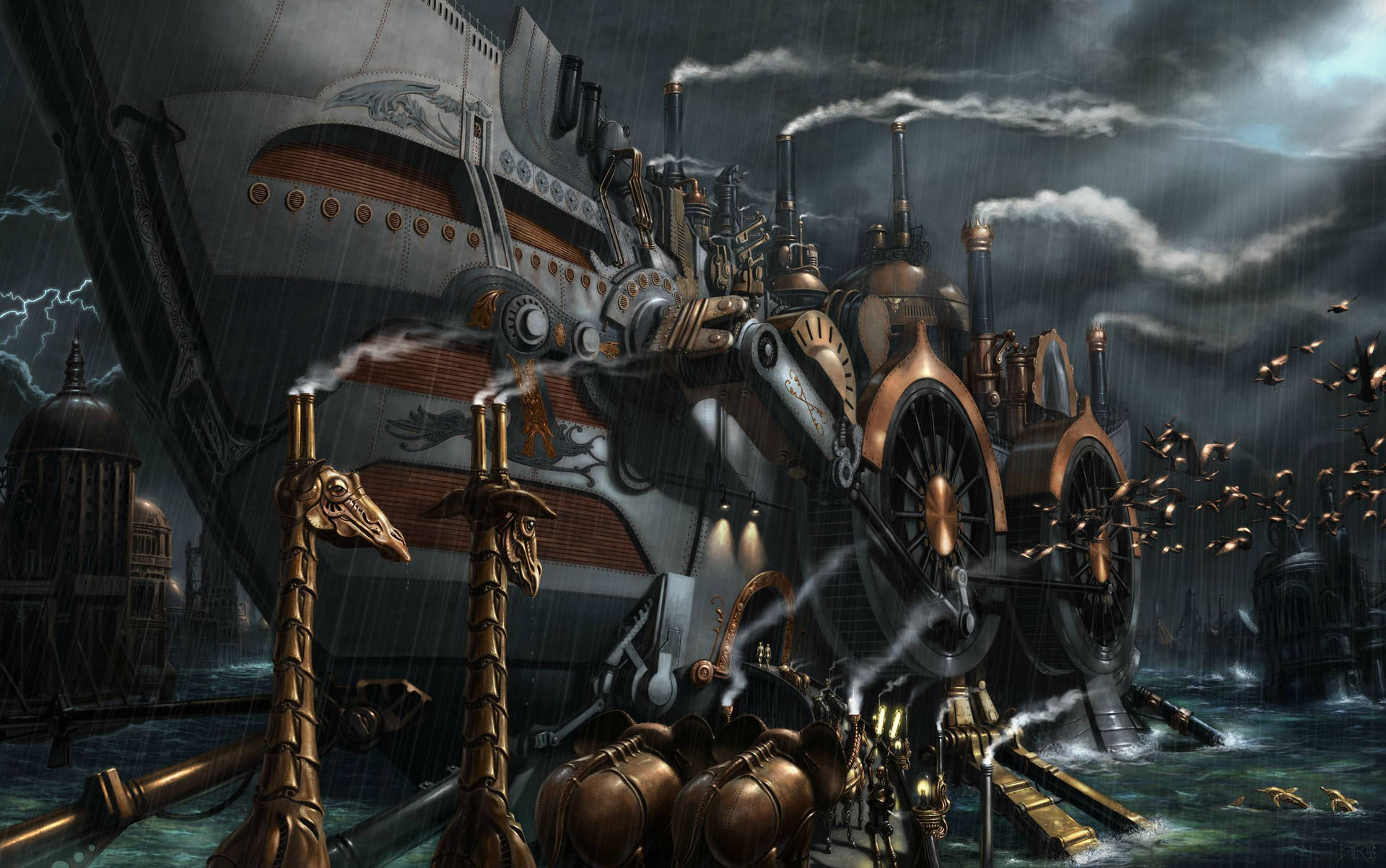Mesmerizing Ship in the Steampunk Fantasy World Wallpaper