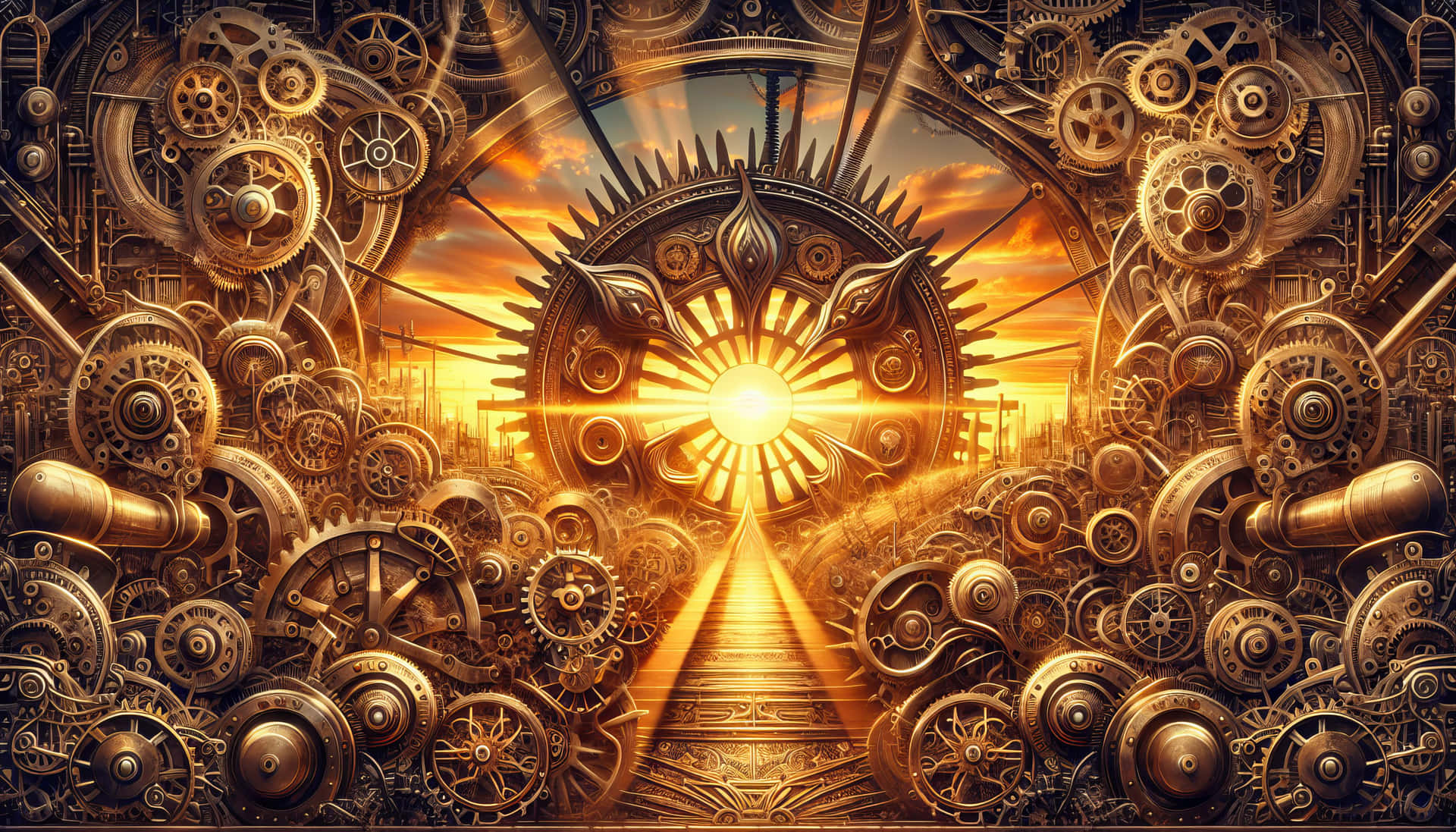 Steampunk Gears Sunset Landscape Wallpaper